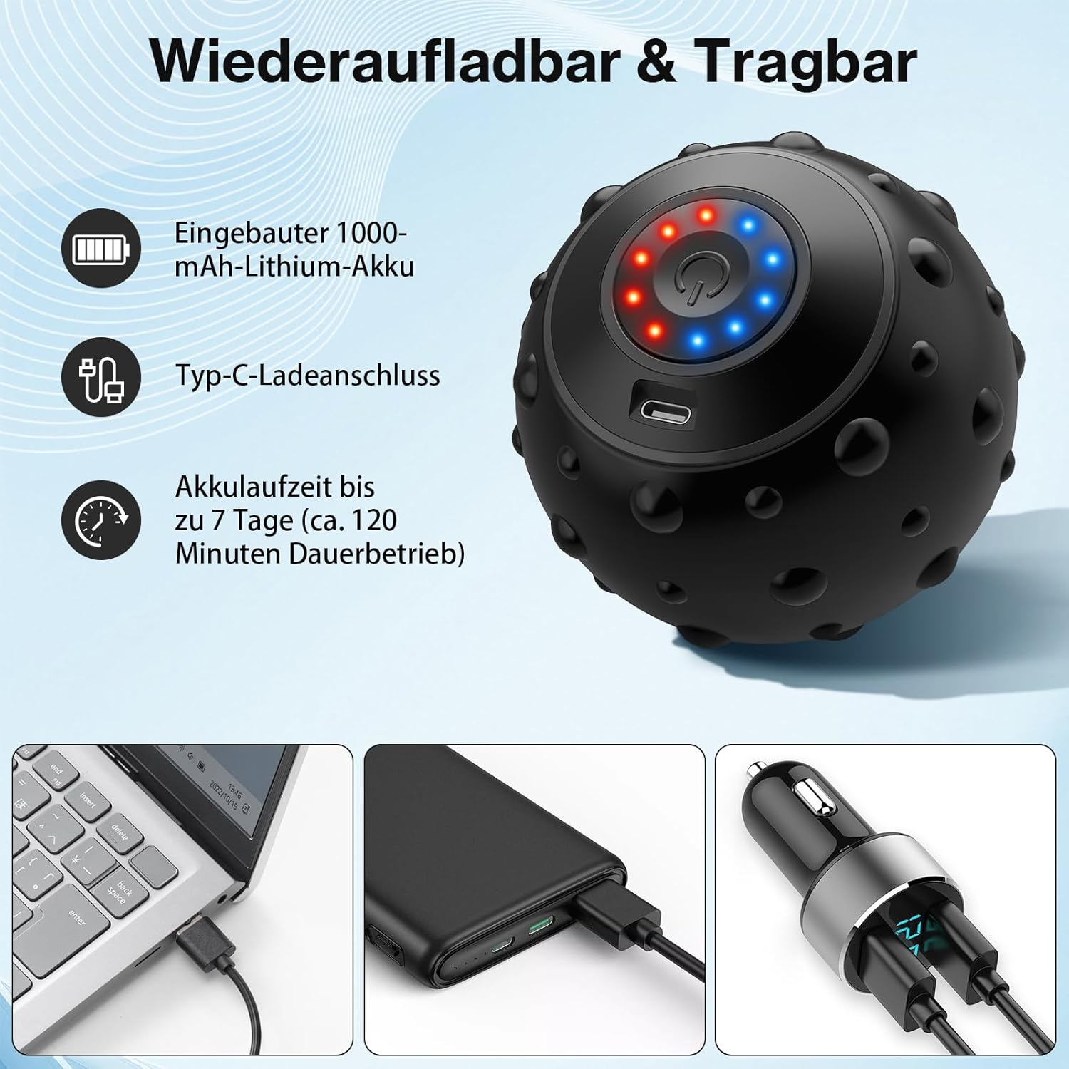 Schwarzer Massageball mit roten und blauen Lichtern. Text beschreibt Akku, Laden und Nutzungsdauer. Drei kleine Bilder zeigen das Laden.