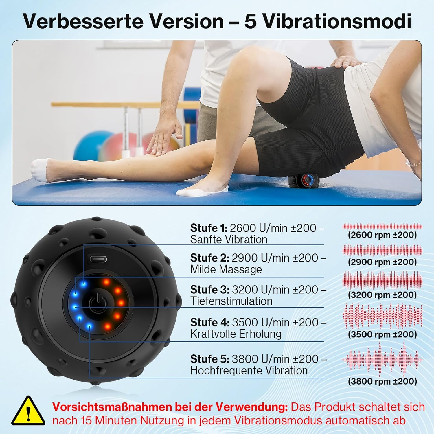 Das Bild zeigt eine Person, die ein Massagegerät an ihrem Bein verwendet. Text beschreibt Vibrationsmodi und Warnhinweise.