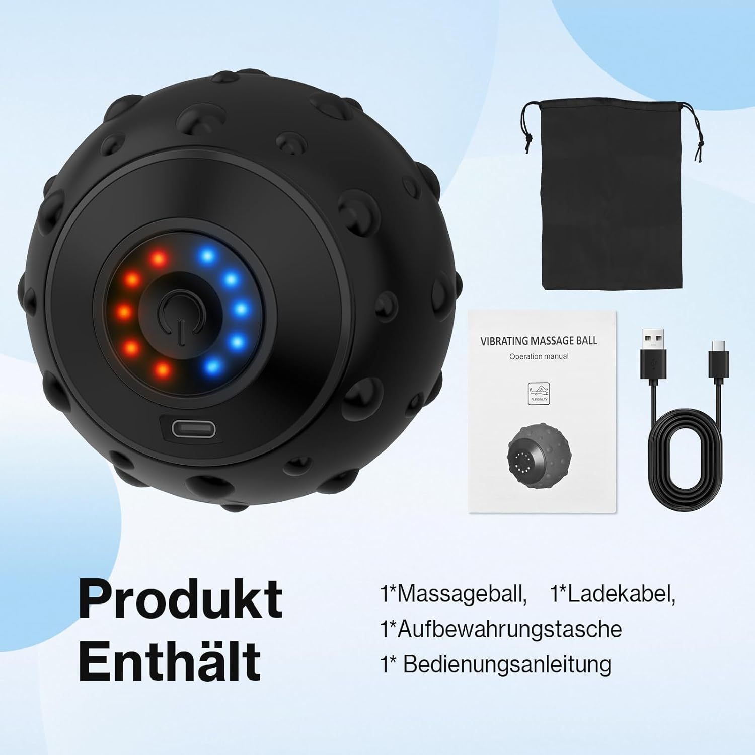 Schwarzer Massageball mit Lichtern, Beutel, Ladekabel und Handbuch. Text lautet 'Produkt Enthält' und Artikelnamen auf Deutsch.