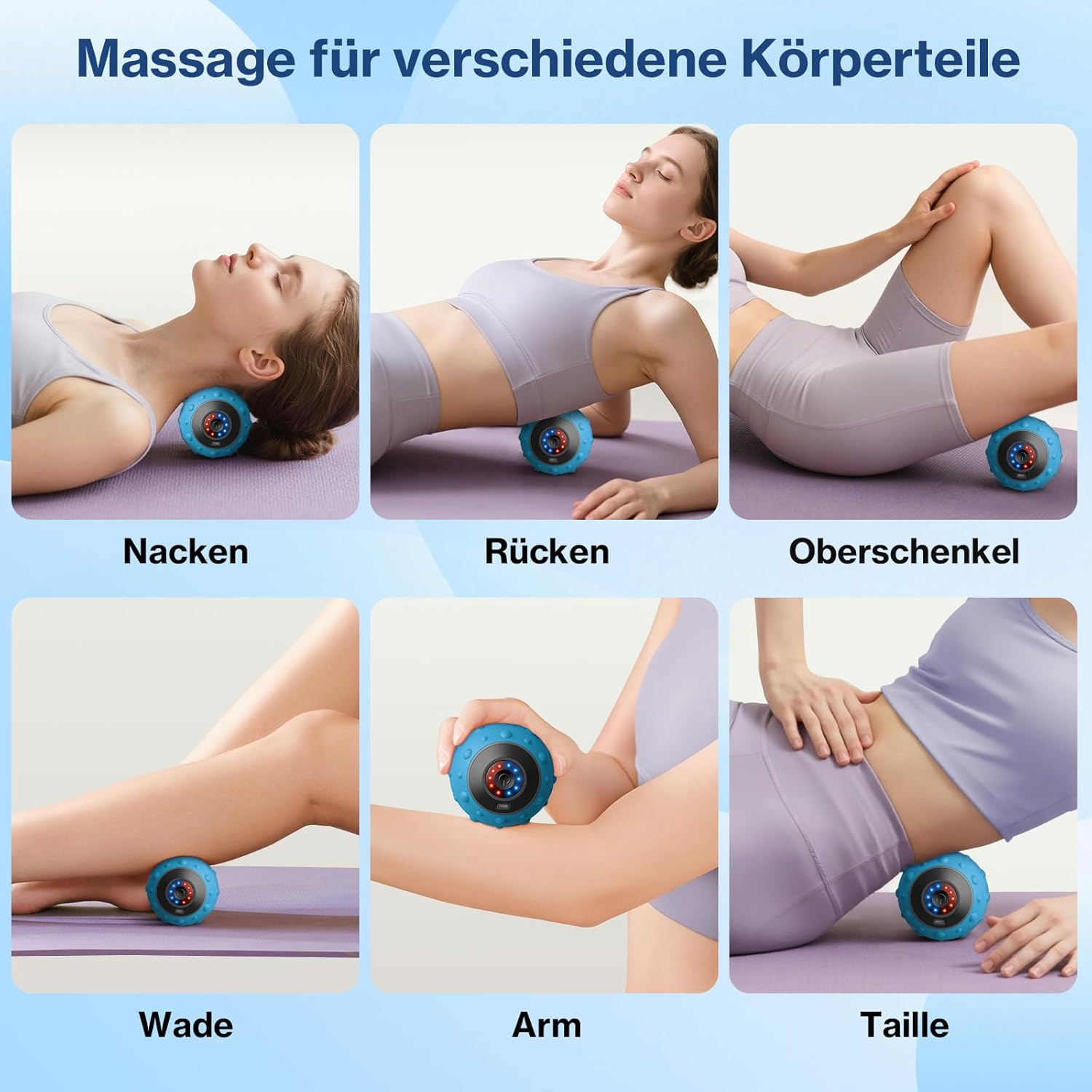 Das Bild zeigt Massagen für verschiedene Körperteile. Beispiele sind Nacken, Rücken, Oberschenkel, Wade, Arm und Taille, jeweils mit einem blauen Massageball.