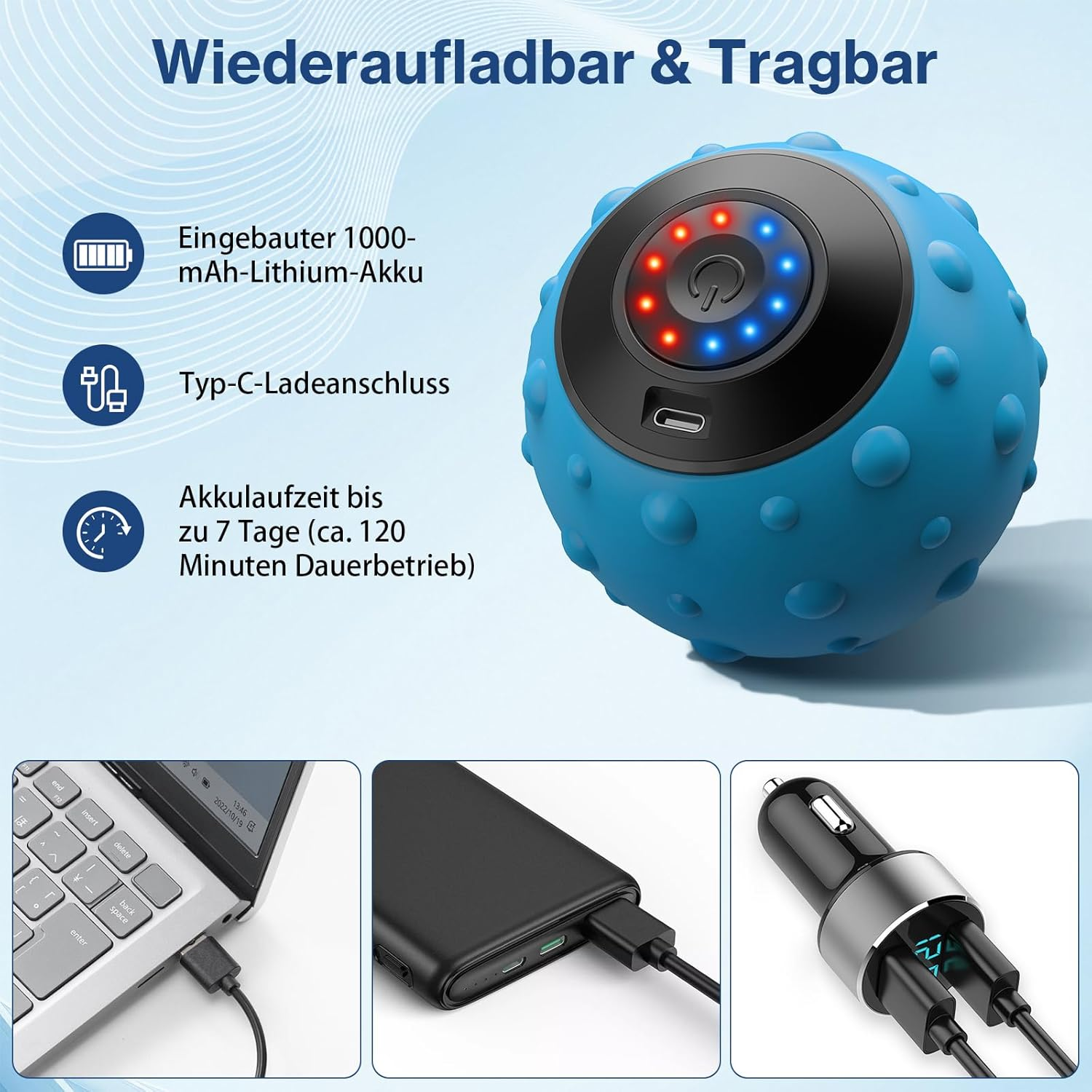 Ein blauer Massageball mit schwarzem Oberteil, USB-Anschluss und Ein-Aus-Taste. Details umfassen Batterie- und Ladeinformationen.