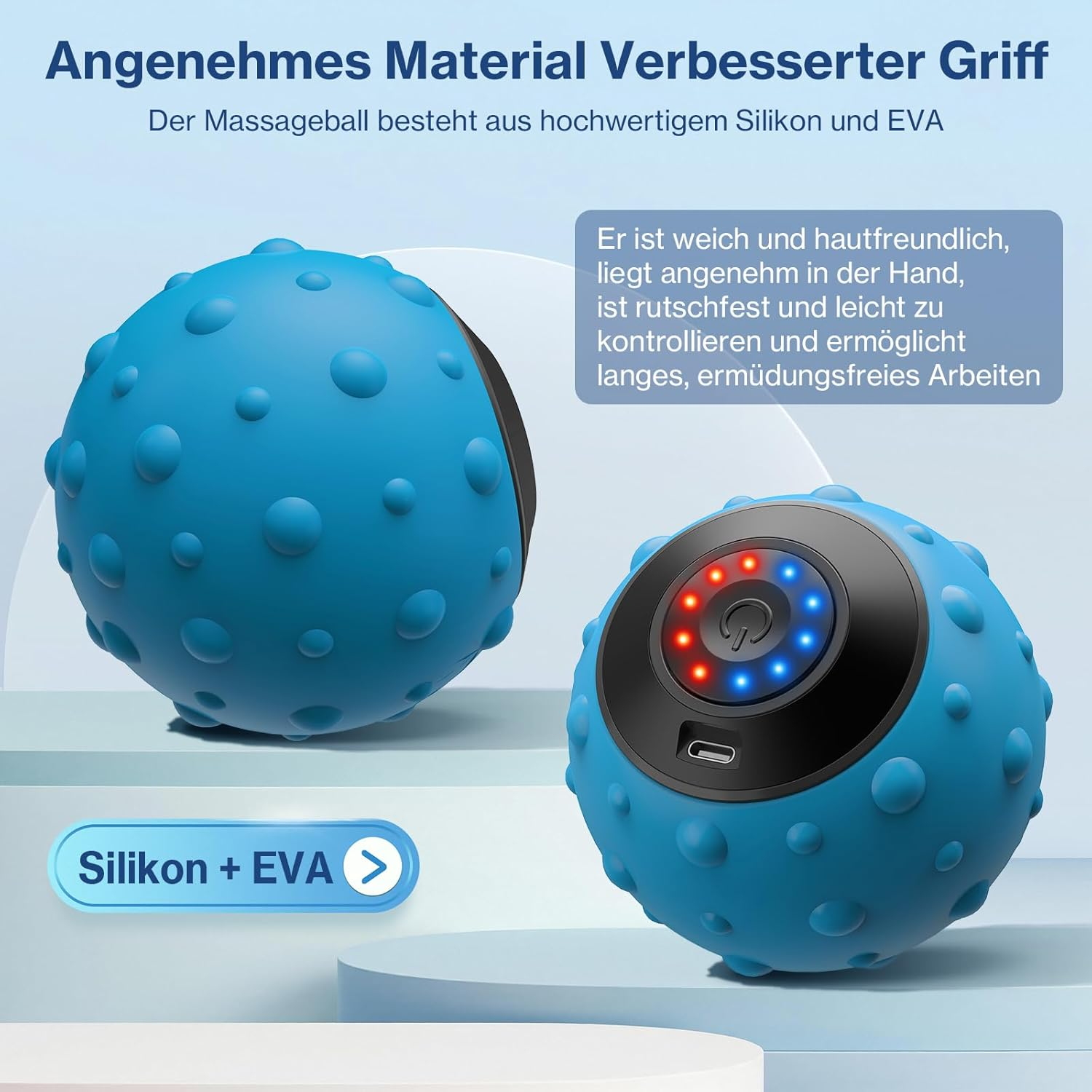 Zwei blaue Massagebälle mit erhabenen Unebenheiten. Einer hat ein Bedienfeld mit Lichtern. Text auf Deutsch beschreibt die Eigenschaften.