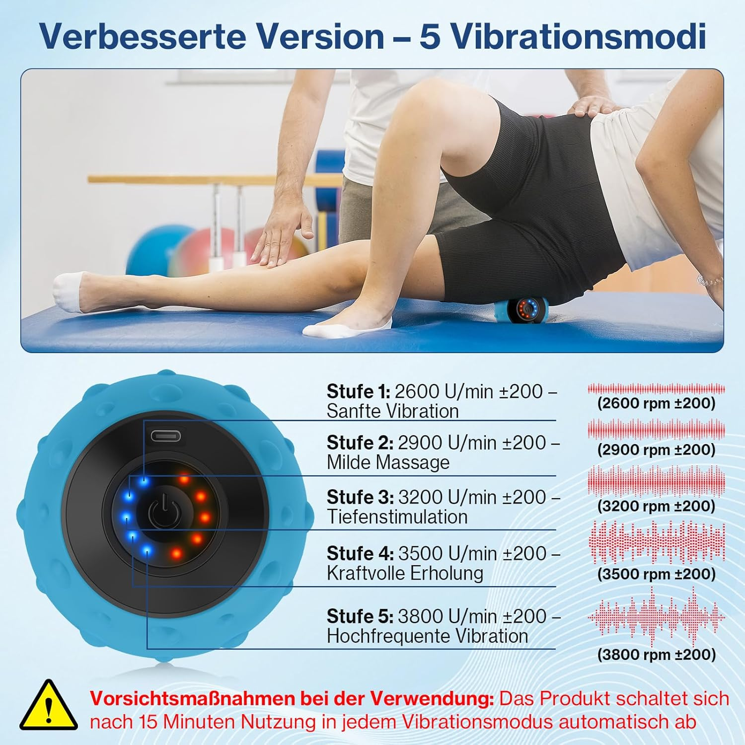 Eine Person verwendet einen blauen Massageball an ihrem Bein. Das Bild zeigt auch Einstellungen und Warnungen zum Produkt.