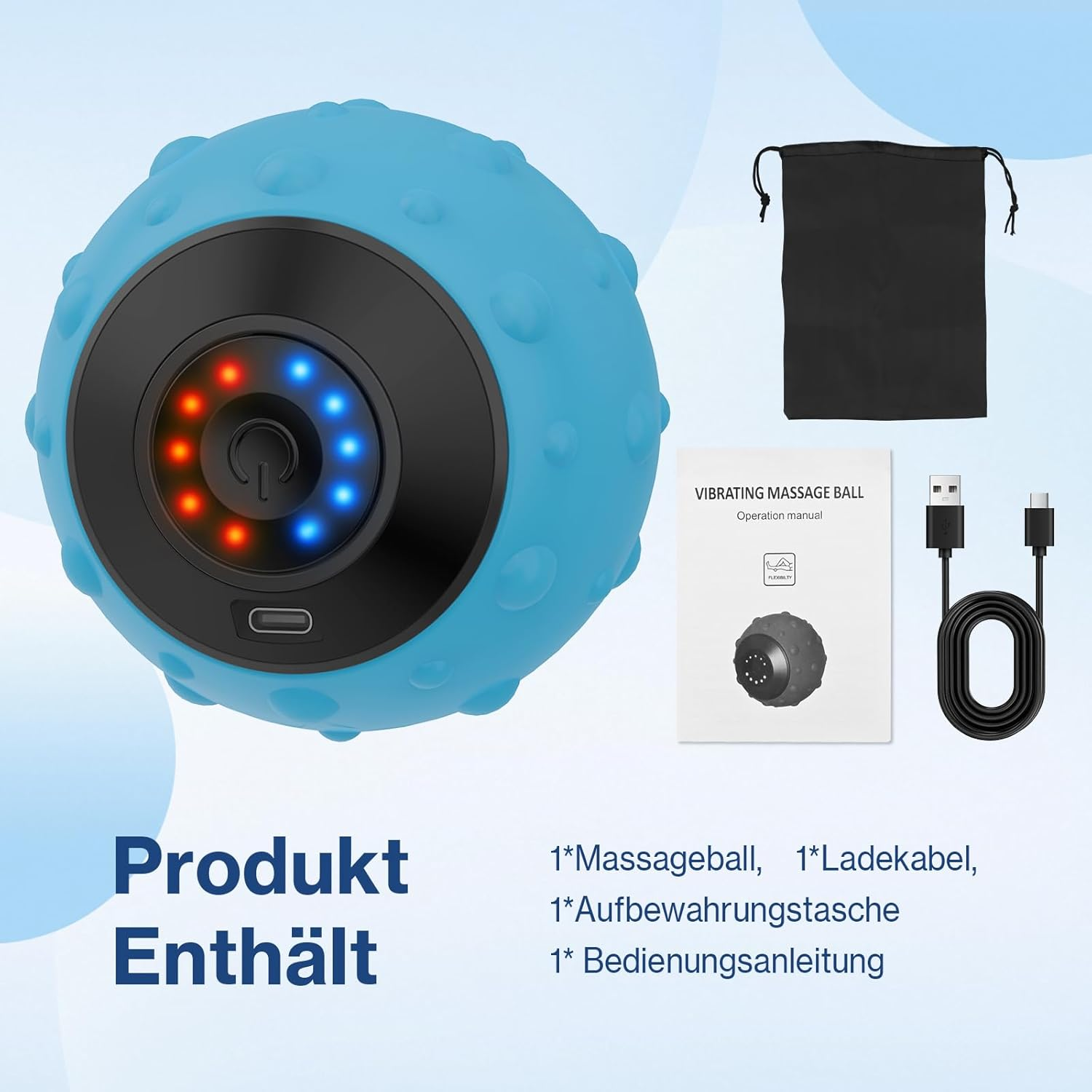 Ein blauer Massageball mit schwarzem Zentrum, Zubehör wie Tasche, Ladekabel und Handbuch werden gezeigt.