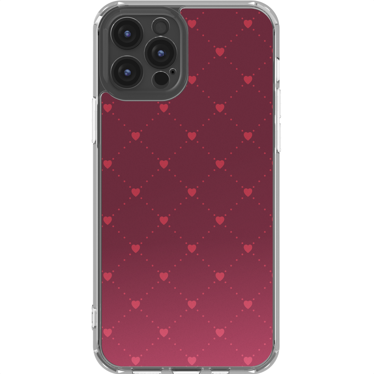 Een telefoonhoesje met een rode gradiënt achtergrond. Het heeft een patroon van rode harten en stippen. Bovenin is een camera zichtbaar.