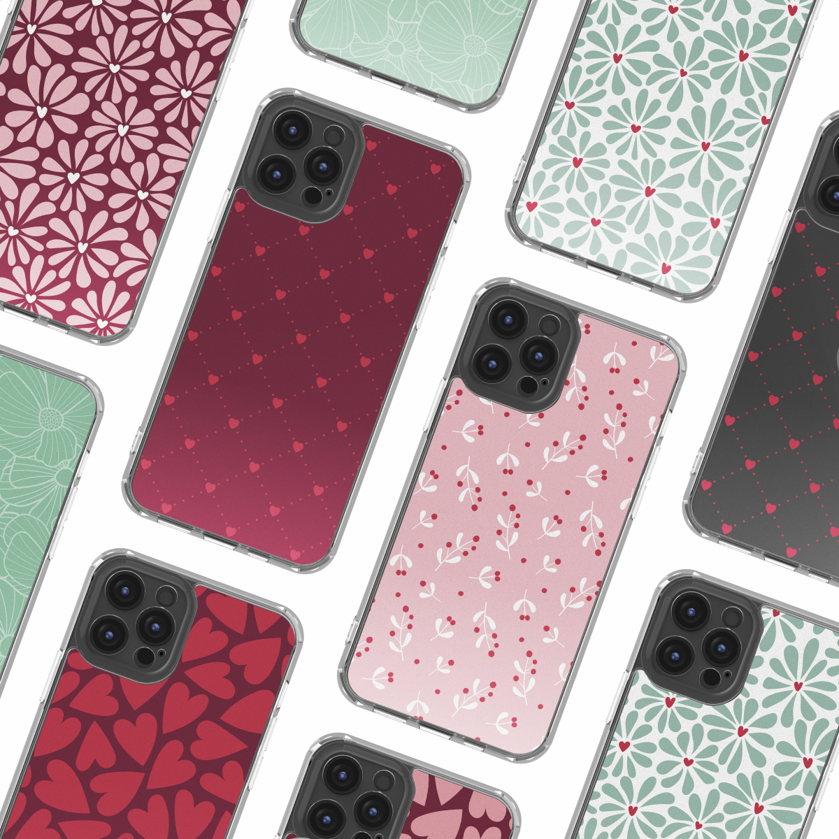 Verschillende telefoonhoesjes met bloemen-, hart- en stipjespatronen. De hoesjes hebben verschillende kleuren zoals rood, roze, groen en wit.
