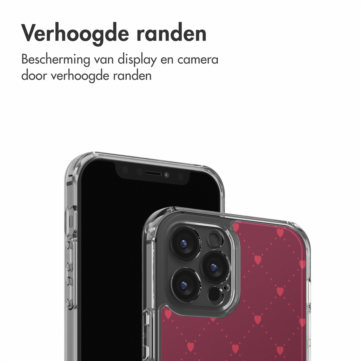 Twee smartphones met beschermhoezen. Eén hoesje is transparant, de andere rood met hartjespatronen. Tekst in het Nederlands bovenaan.