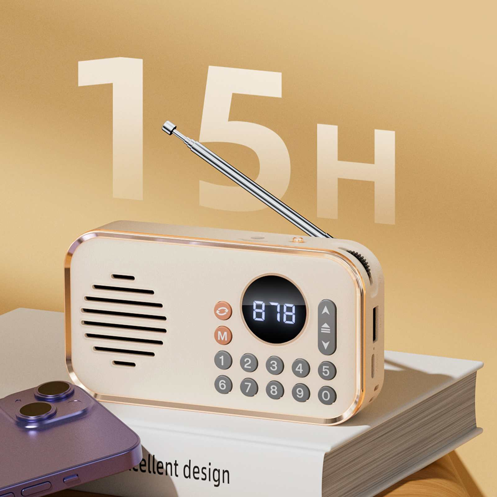 Ein beiges Radio mit Zahlen und einem Bildschirm zeigt '878'. Ein lila Telefon liegt auf einem Buch mit 'ellent design'.