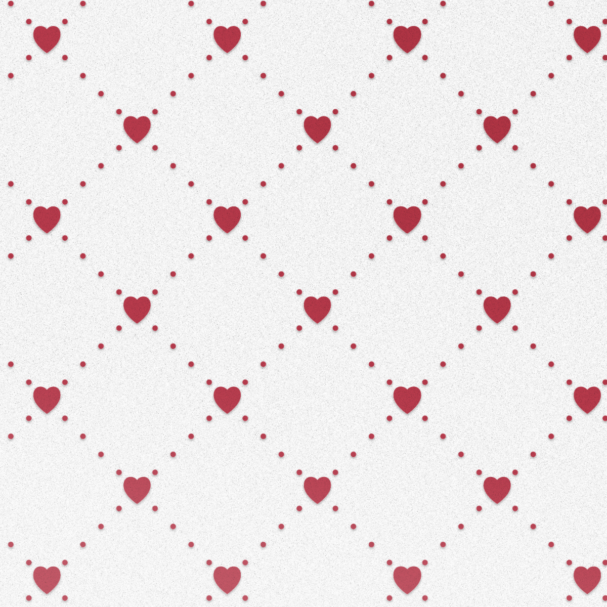 Weißer Hintergrund mit einem sich wiederholenden Muster aus roten Herzen und Punkten, die in einem diagonalen Gitter angeordnet sind.