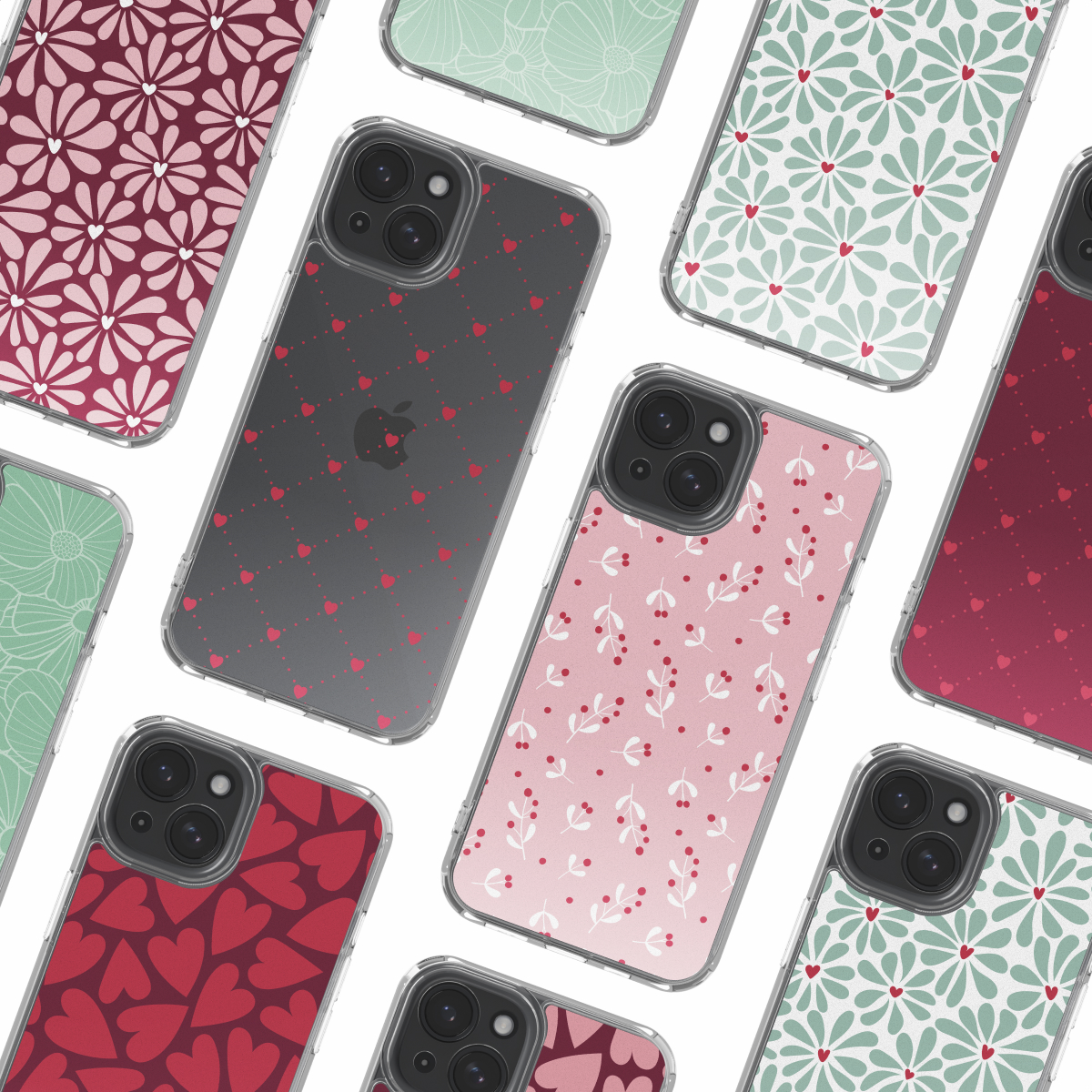 Een verzameling iPhone-hoesjes, elk met een uniek ontwerp, waaronder harten, bloempatronen en bessenranken. Hoesjes zijn in verschillende kleuren.