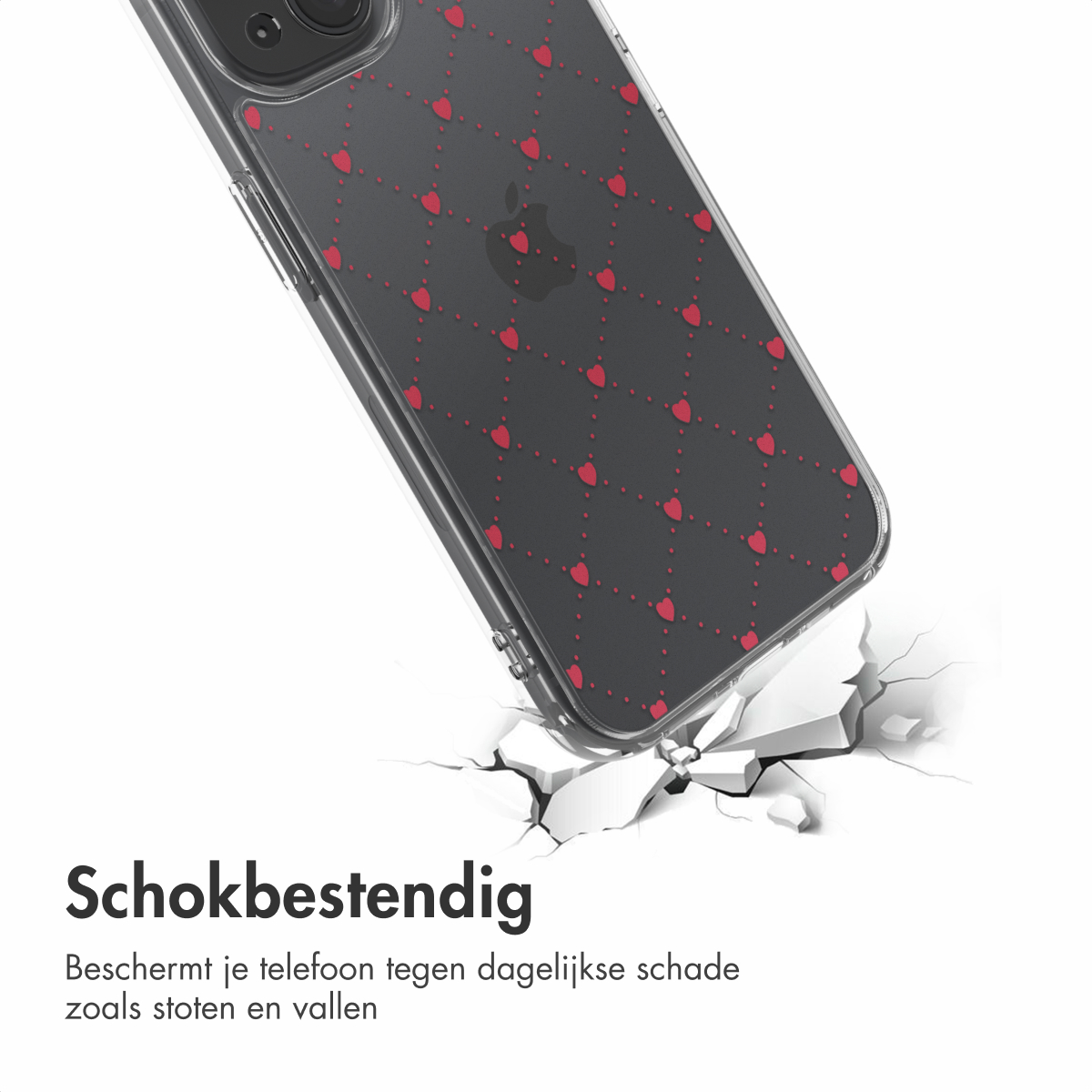 Een telefoonhoesje met een rood hartjespatroon breekt een oppervlak. Tekst: 'Schokbestendig' en bescherming tegen dagelijkse schade.