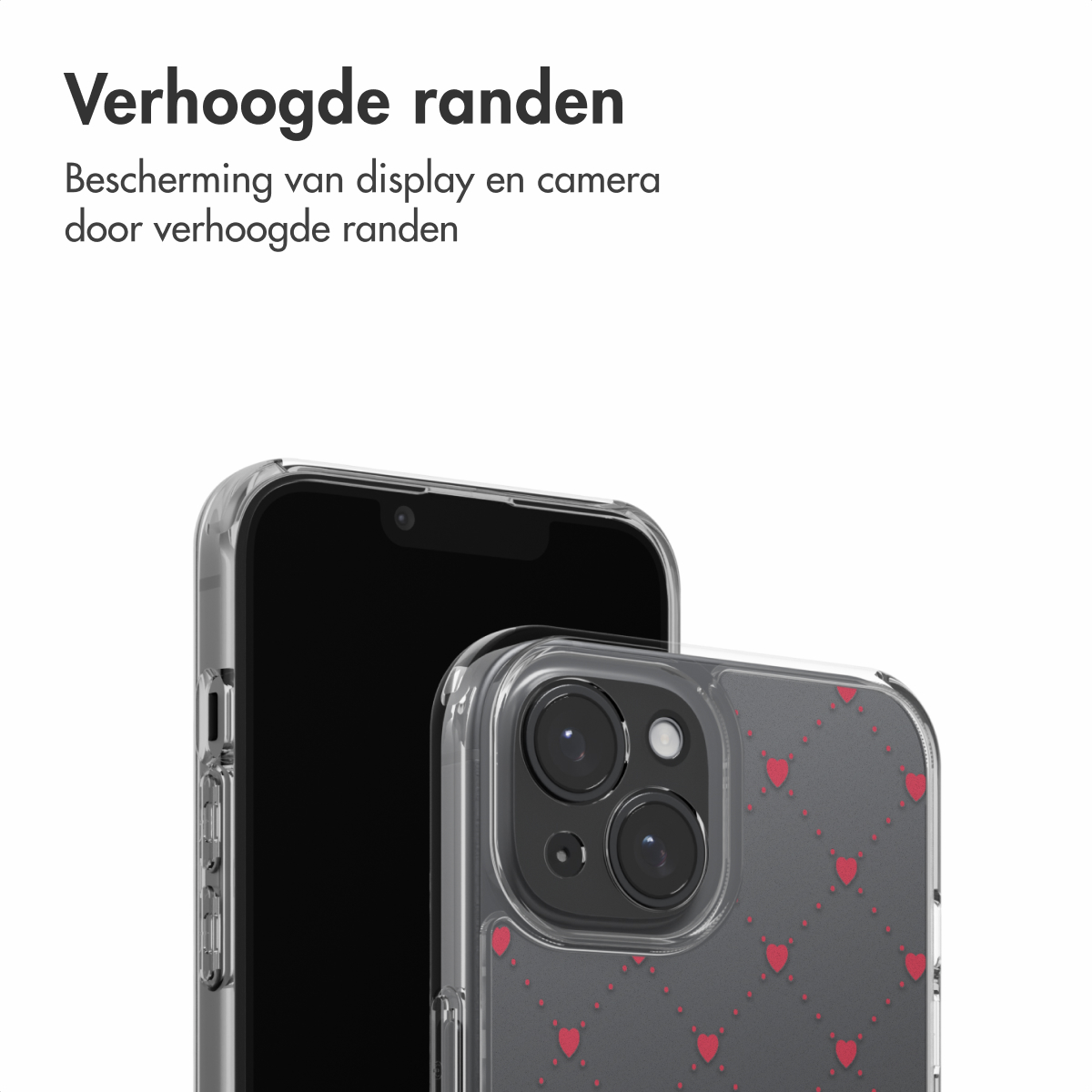 Twee smartphones in beschermhoezen. Eén is effen, de andere heeft een hartjespatroon. Beide zijn transparant en hebben verhoogde randen.