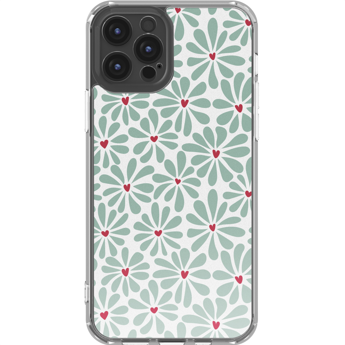Coque de téléphone à motifs floraux. Des fleurs vert clair en forme de marguerite avec des cœurs rouges sont disposées sur fond blanc.
