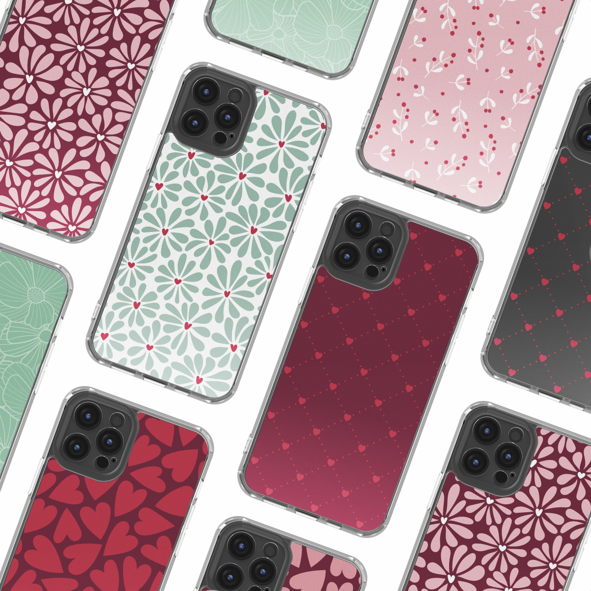 Collection d'étuis de téléphone avec divers motifs : motifs floraux, cœurs et motifs abstraits dans les tons rouges, roses et verts sur fond blanc.