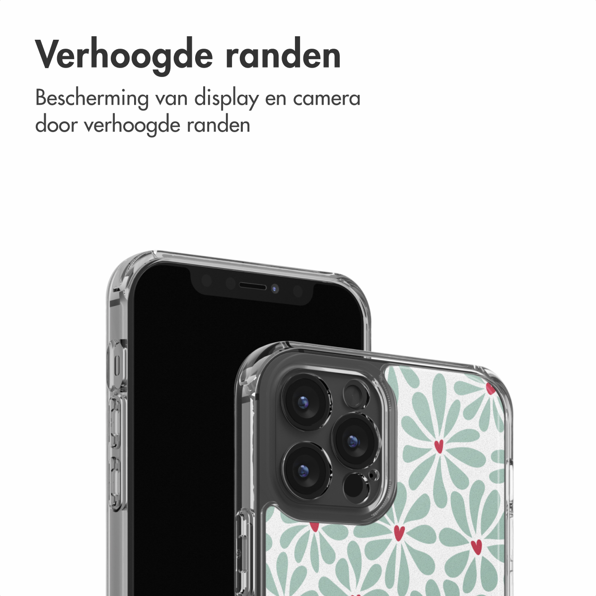 Deux smartphones, un avec une coque florale, sur fond blanc. Texte en haut : 'Bords surélevés' et 'Protection'.
