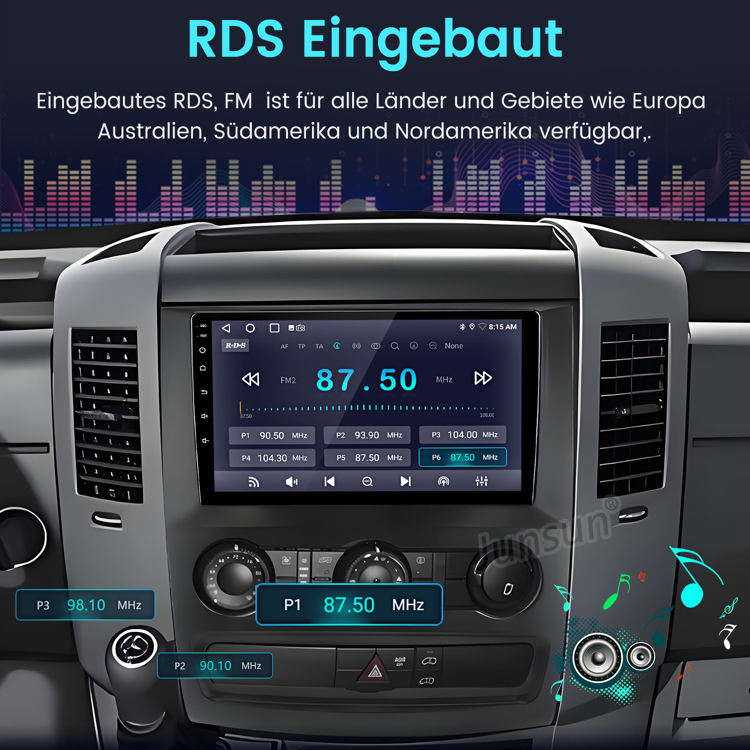 Autoradio mit FM-Radio-Anzeige. Zeigt die Frequenz 87,50 MHz an. Knöpfe und Regler sichtbar. RDS-Logo oben.