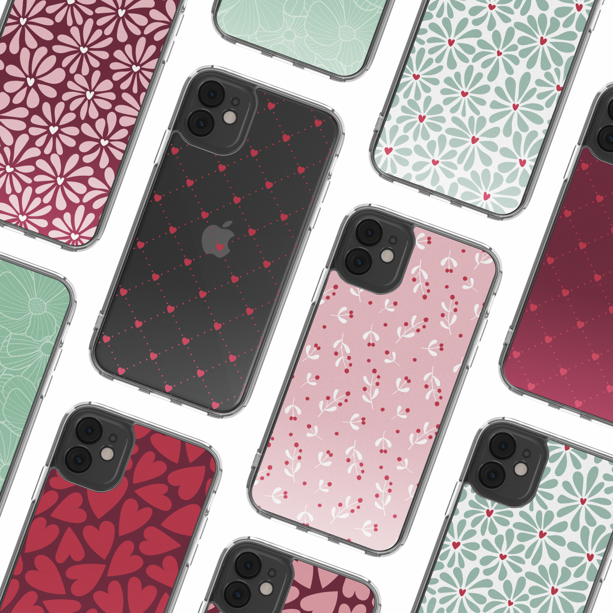 Varie custodie per telefoni. I design includono cuori, fiori e motivi floreali. Le custodie sono di colore rosso, rosa e verde su sfondo bianco.