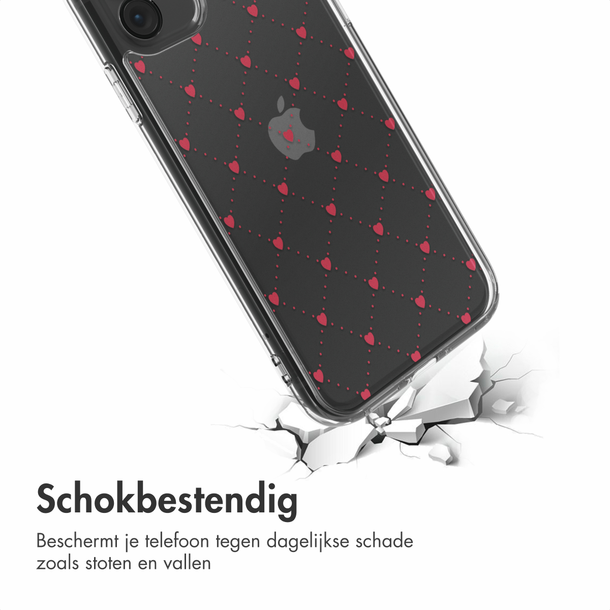 Una custodia per telefono con un motivo a cuore rosso. La custodia è su una superficie bianca crepata. Testo 'Schokbestendig' in basso.