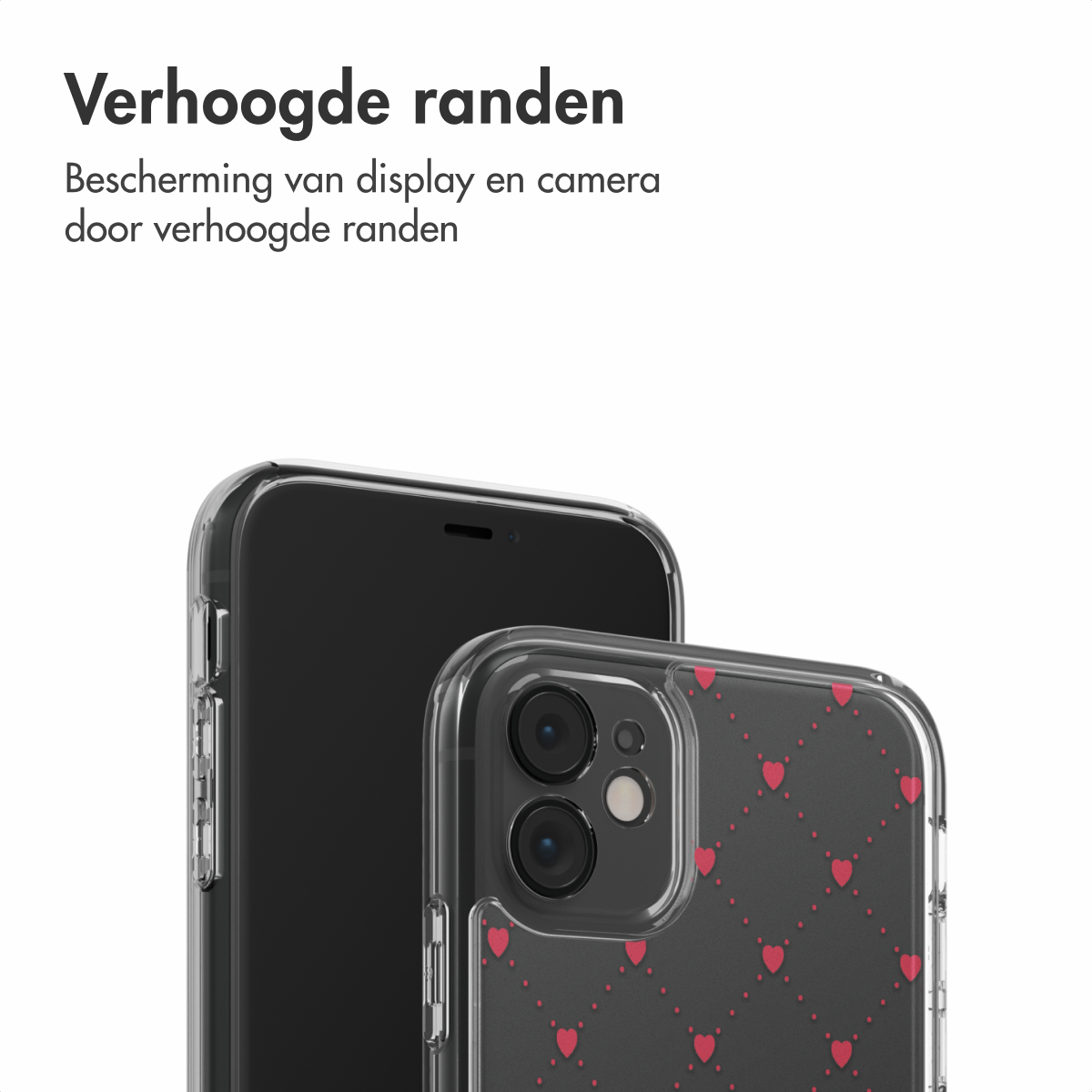 Due smartphone con custodie protettive. Un telefono è nero, l'altro ha una custodia a fantasia con cuori rossi. Testo in olandese in alto.