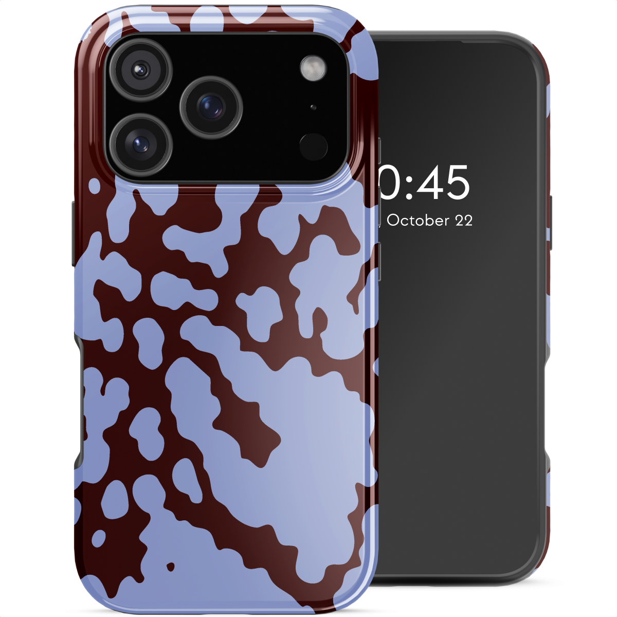 Een telefoon met een patroonhoesje wordt getoond. De hoes heeft een blauw en bruin gespikkeld ontwerp. Het scherm toont de tijd en datum.