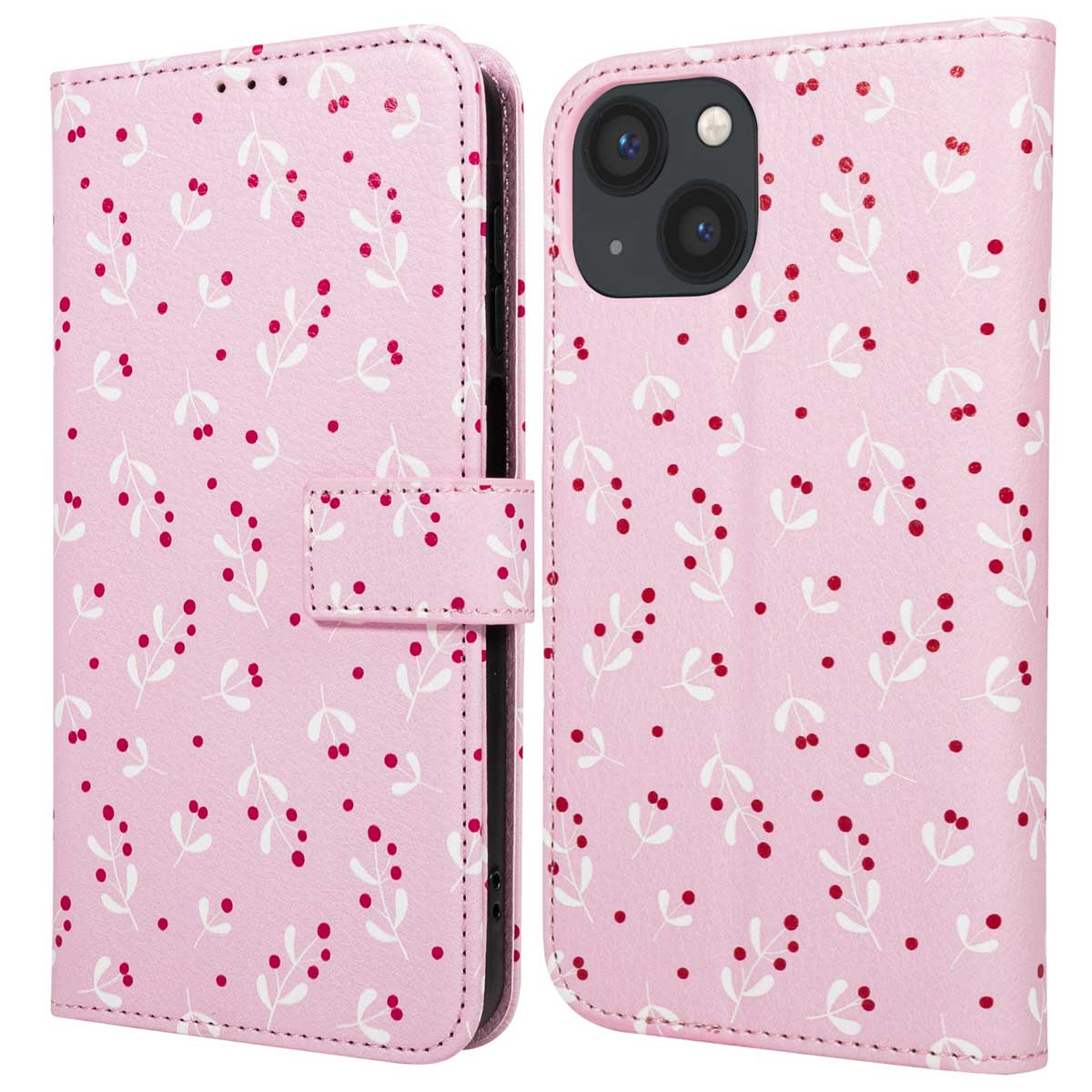 Un étui de téléphone rose avec un motif floral de feuilles blanches et de baies rouges. L'étui est ouvert, montrant le téléphone.