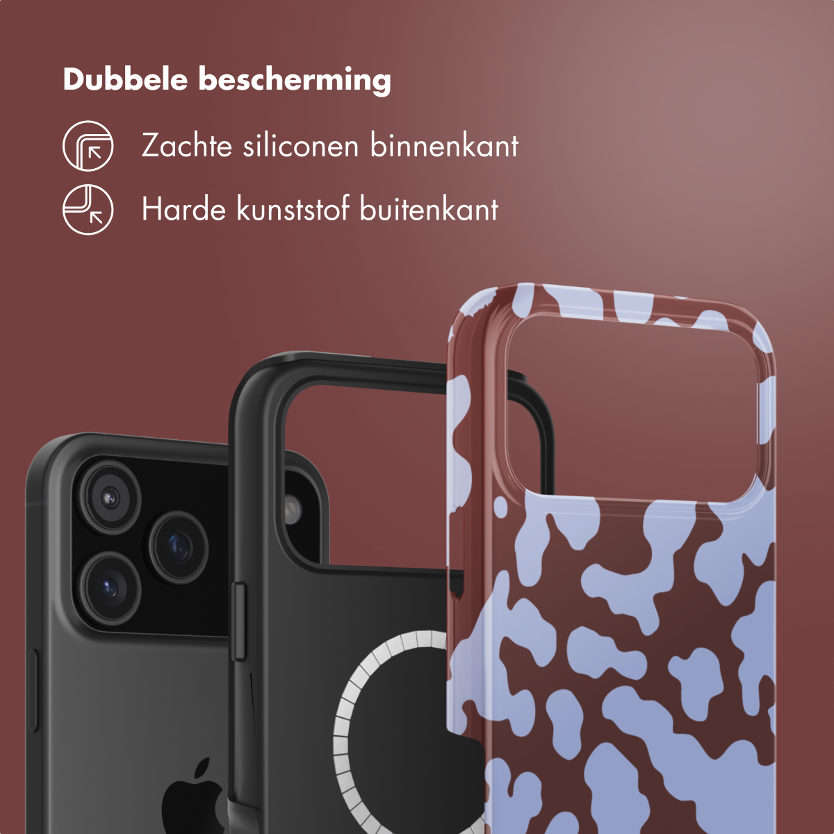 Drie telefoonhoesjes: zwart, zwart met witte cirkel en een bruin hoesje met blauwe vlekken. Bovenstaande tekst zegt 'Dubbele bescherming'.