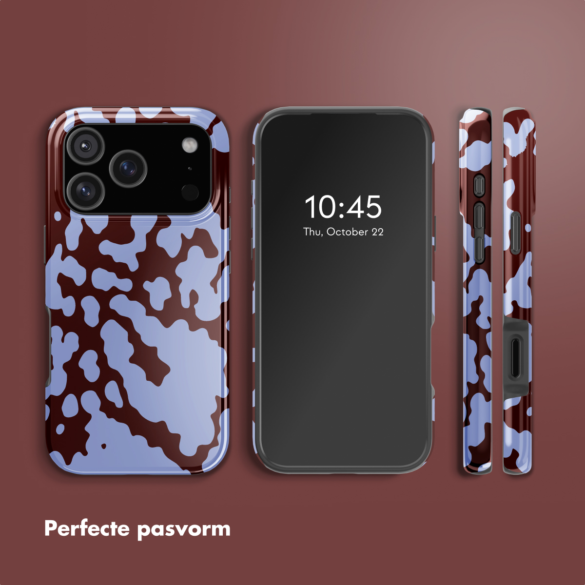 Een smartphonehoesje met een bruin en lichtblauw patroon. Het scherm van de telefoon toont de tijd. De hoes wordt vanuit meerdere hoeken gepresenteerd.