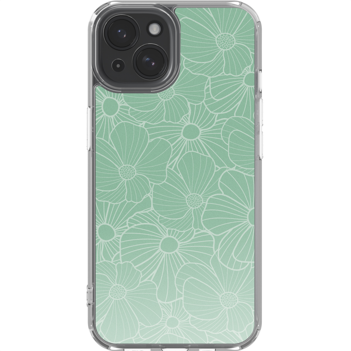 Clear phone case with a mint green floral pattern. The case has a clear border and a camera cutout.