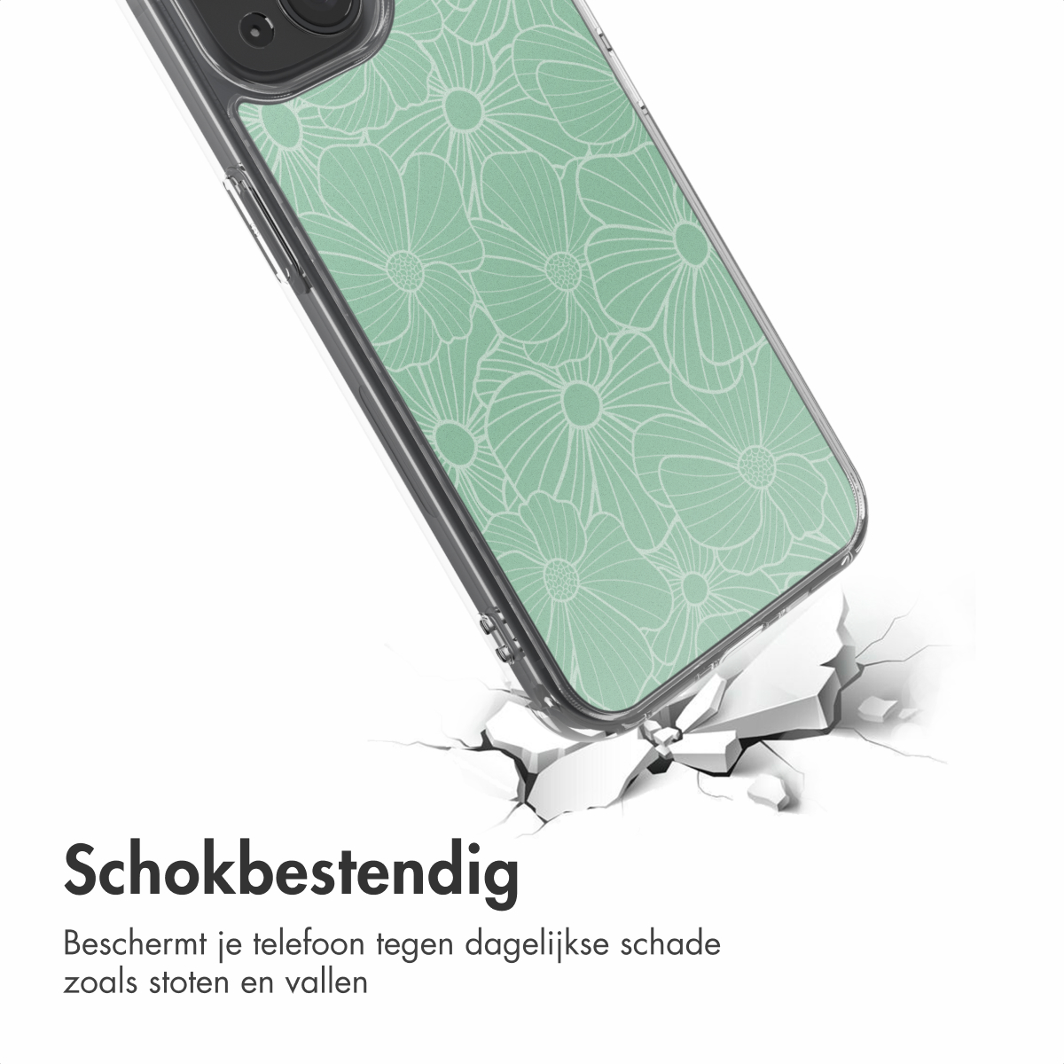 Phone case with floral design. Mint green with white flowers, cracked ground effect. Text: Shock resistant. Protects against daily damage.