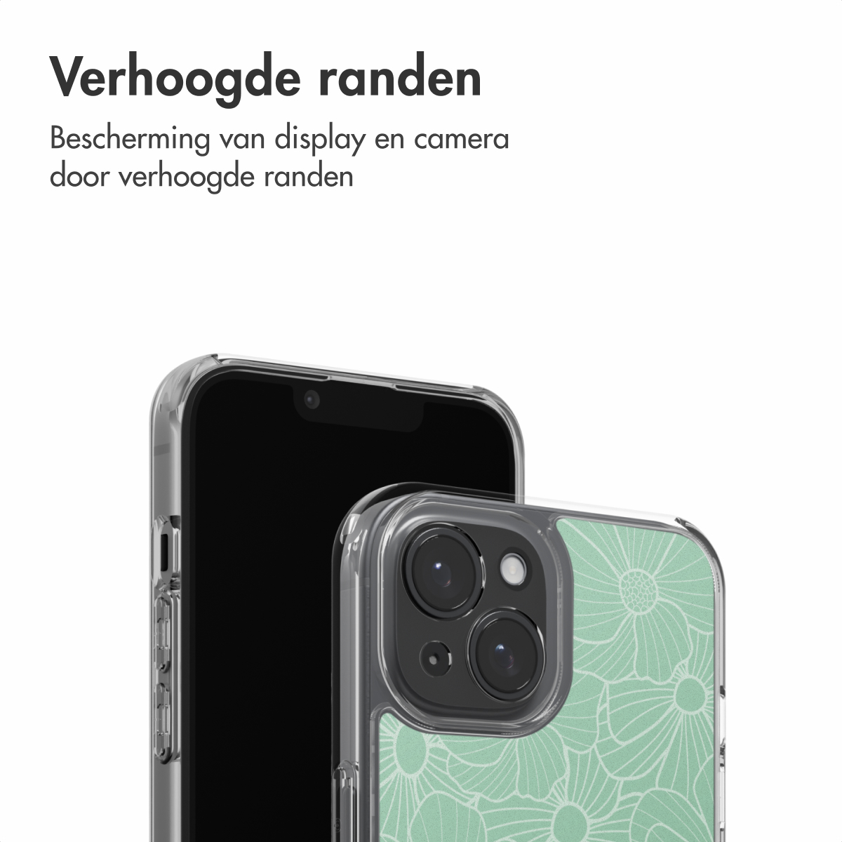 Two smartphones with clear cases. One phone is in a case with a green floral pattern.