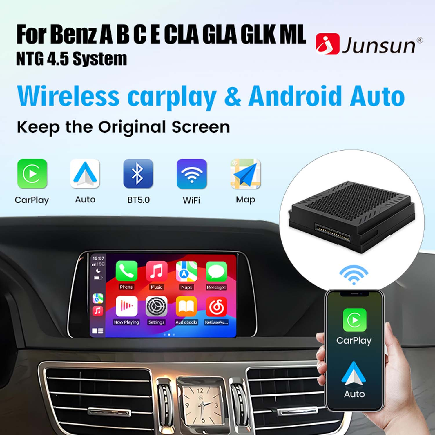 Obraz pokazuje funkcje carplay i android auto dla samochodów Benz, z telefonem wyświetlającym ikony CarPlay i Auto oraz ekranem samochodu.