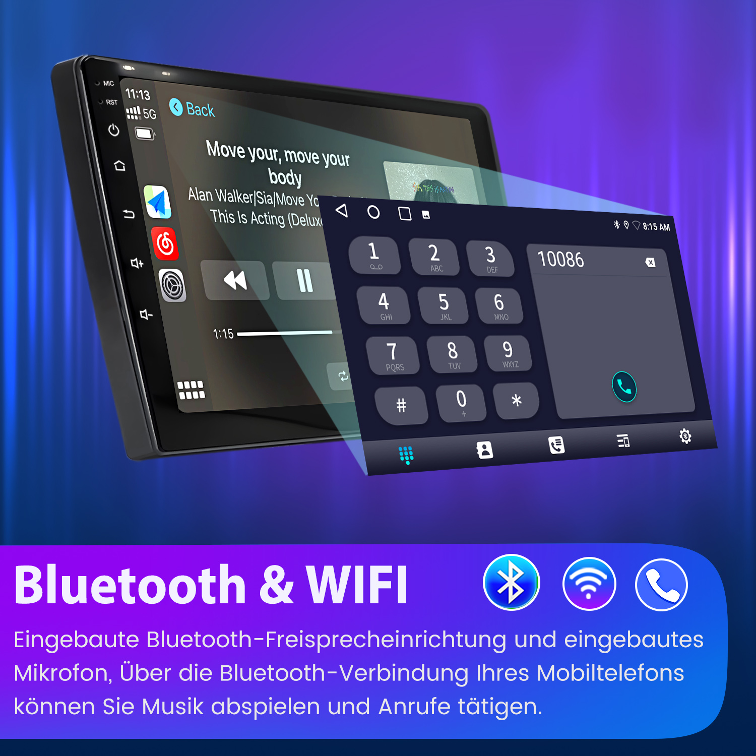 Ein Auto-Multimedia-System zeigt einen Musik-Player und eine Telefontastatur an. Symbole zeigen Bluetooth- und WLAN-Konnektivität an.