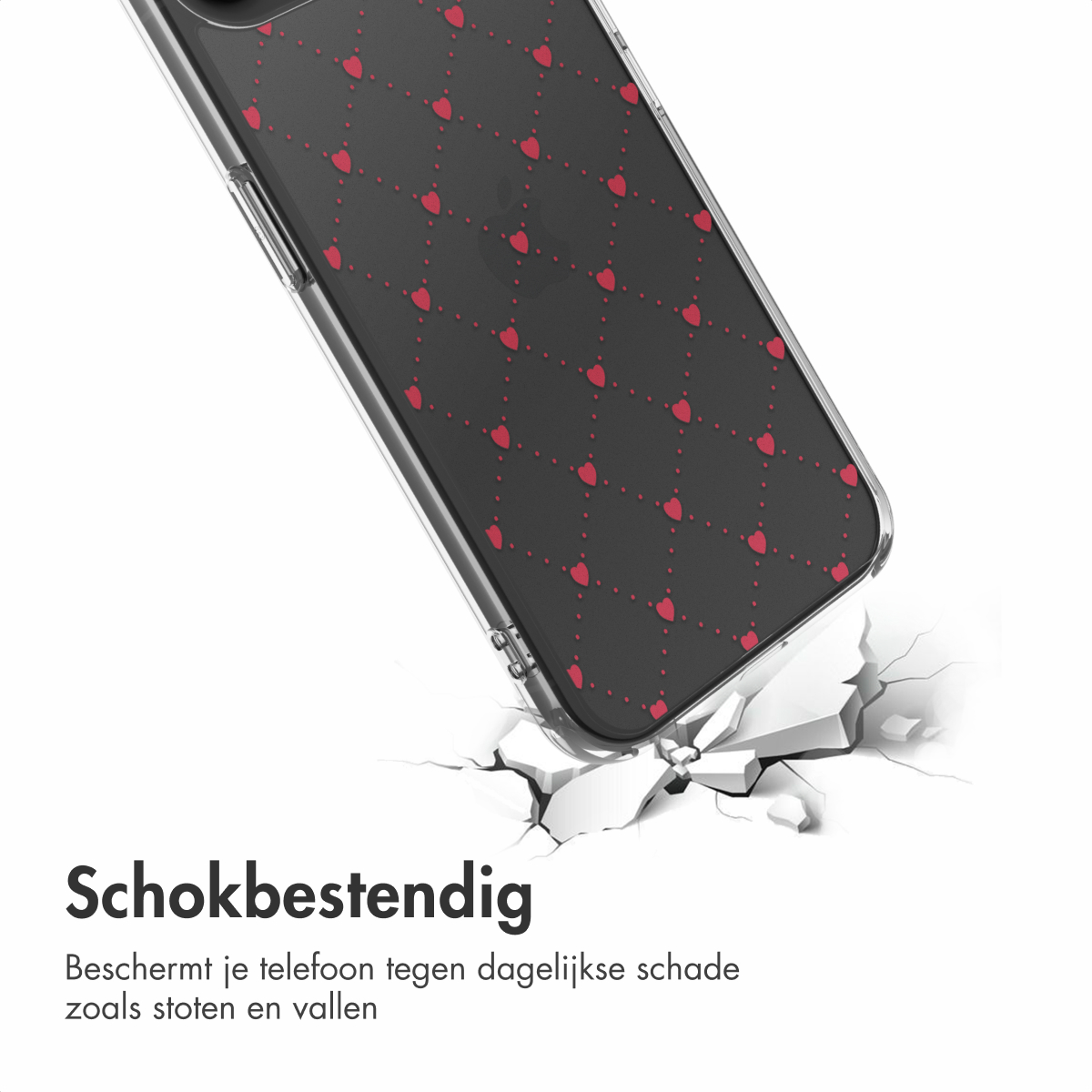 Eine Handyhülle mit roten Herzmustern liegt auf einer weißen Oberfläche mit Rissen. Die Hülle ist klar und schützt das Telefon.