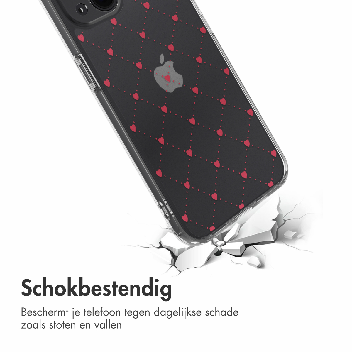 Telefoonhoesje met hartpatroon, op witte achtergrond, barsteffect, tekst 'Schokbestendig'.