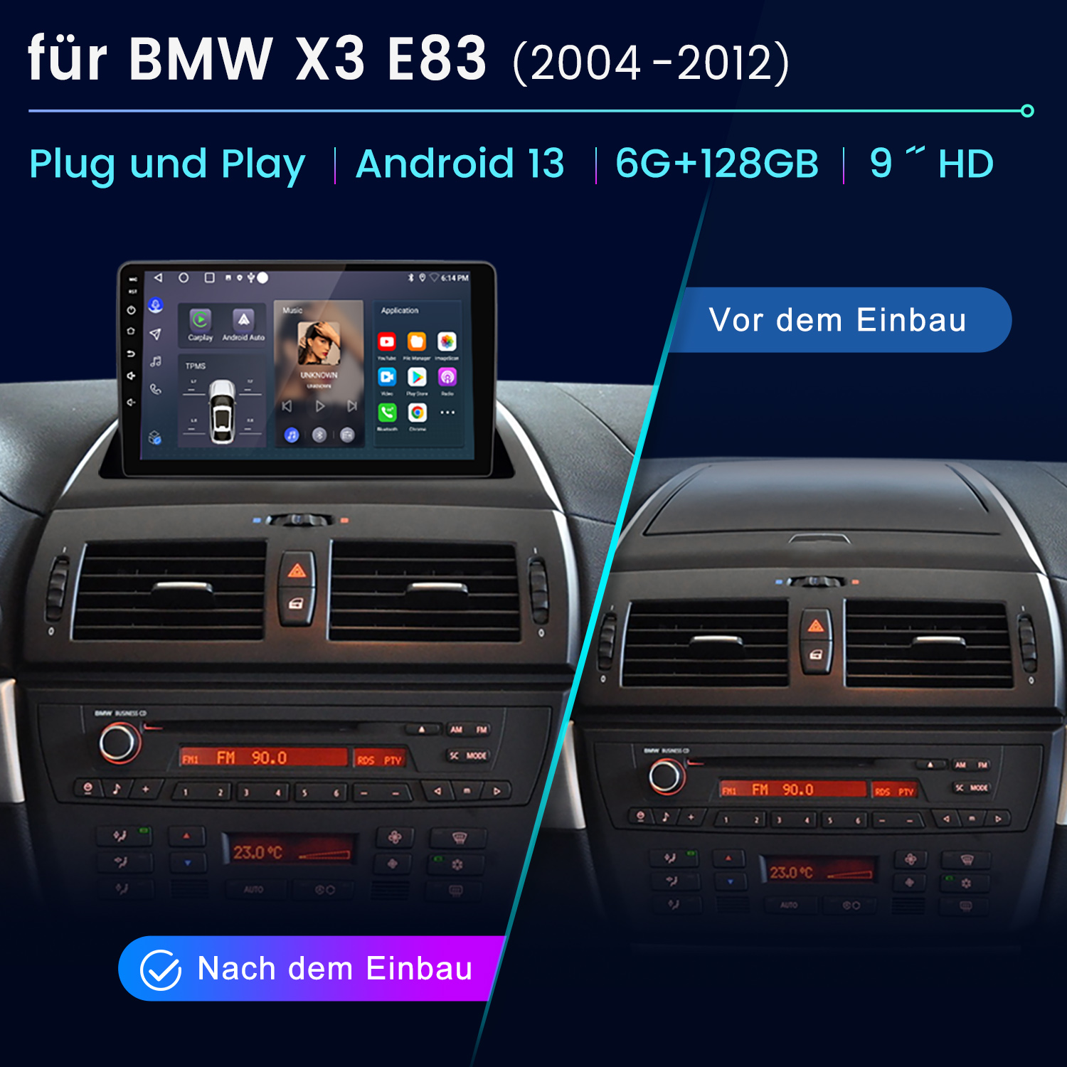 Das Bild zeigt ein Armaturenbrett eines Autos mit installiertem Android-Bildschirm. Der Vorher-Nachher-Vergleich ist gegeben.