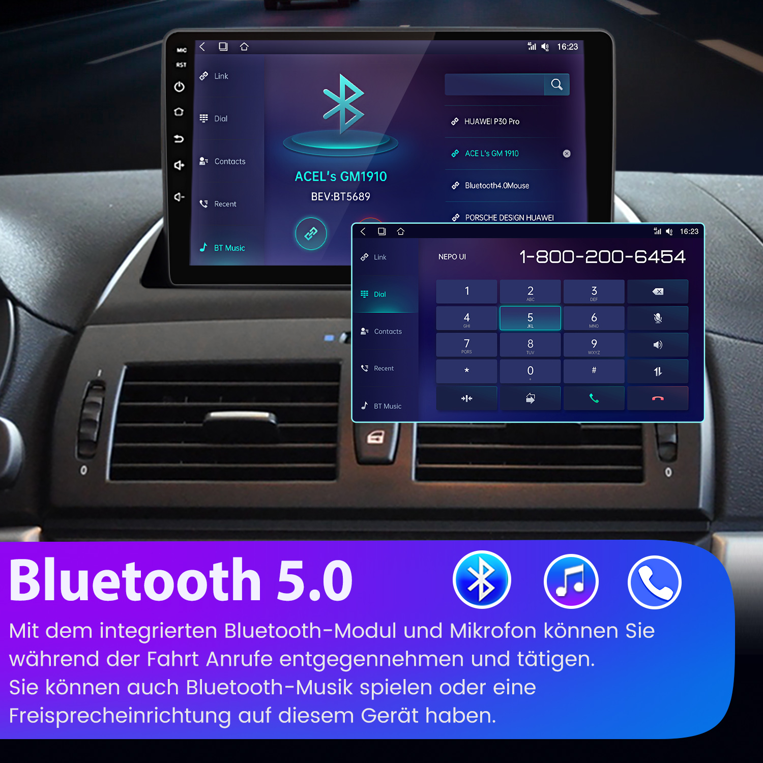 Autodisplay zeigt Bluetooth-Einstellungen und eine Wähltastatur. Es hat ein Musiksymbol und ein Anrufsymbol.