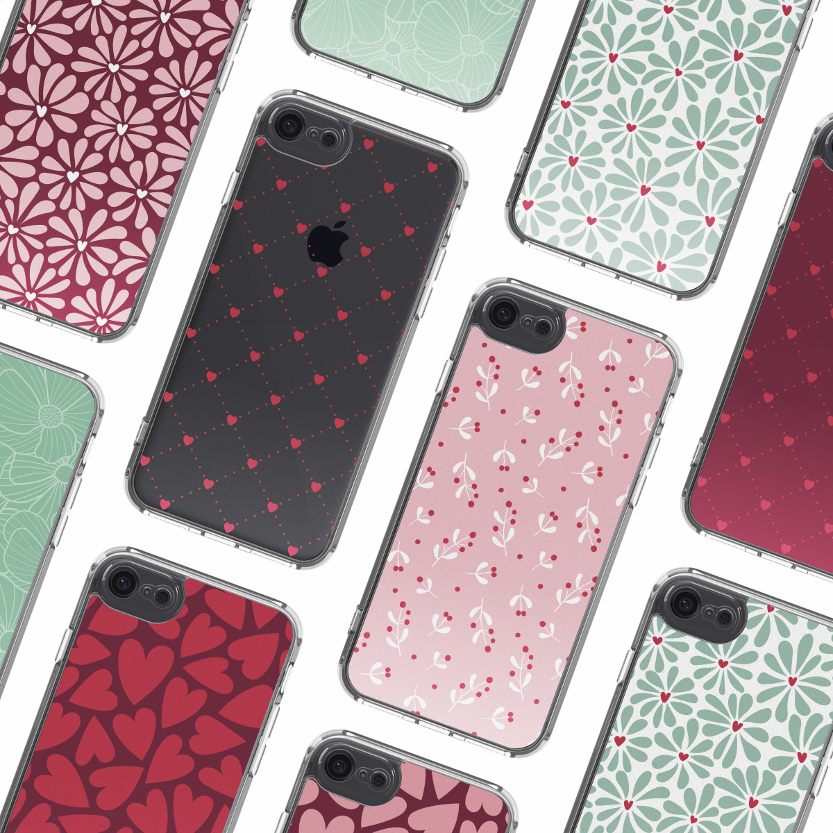 Verzameling telefoonhoesjes met verschillende patronen: harten, bloemen en bladeren. Kleuren zijn rood, roze, groen en zwart.