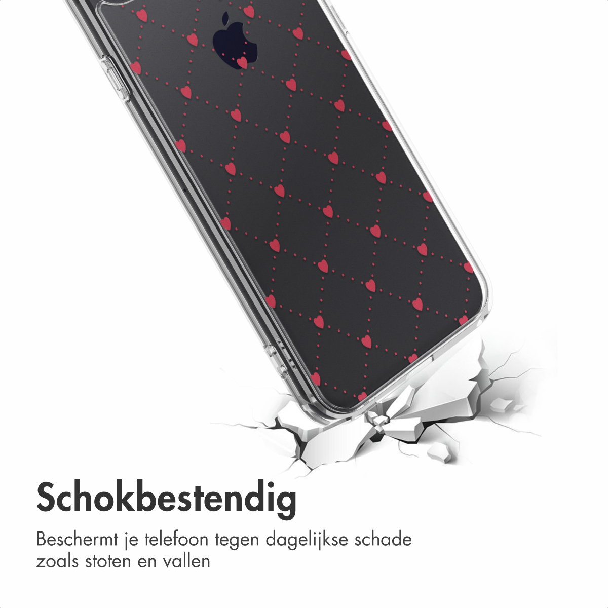 Een transparante telefoonhoes met een rood hartpatroon op een zwarte achtergrond. De hoes breekt een wit oppervlak.