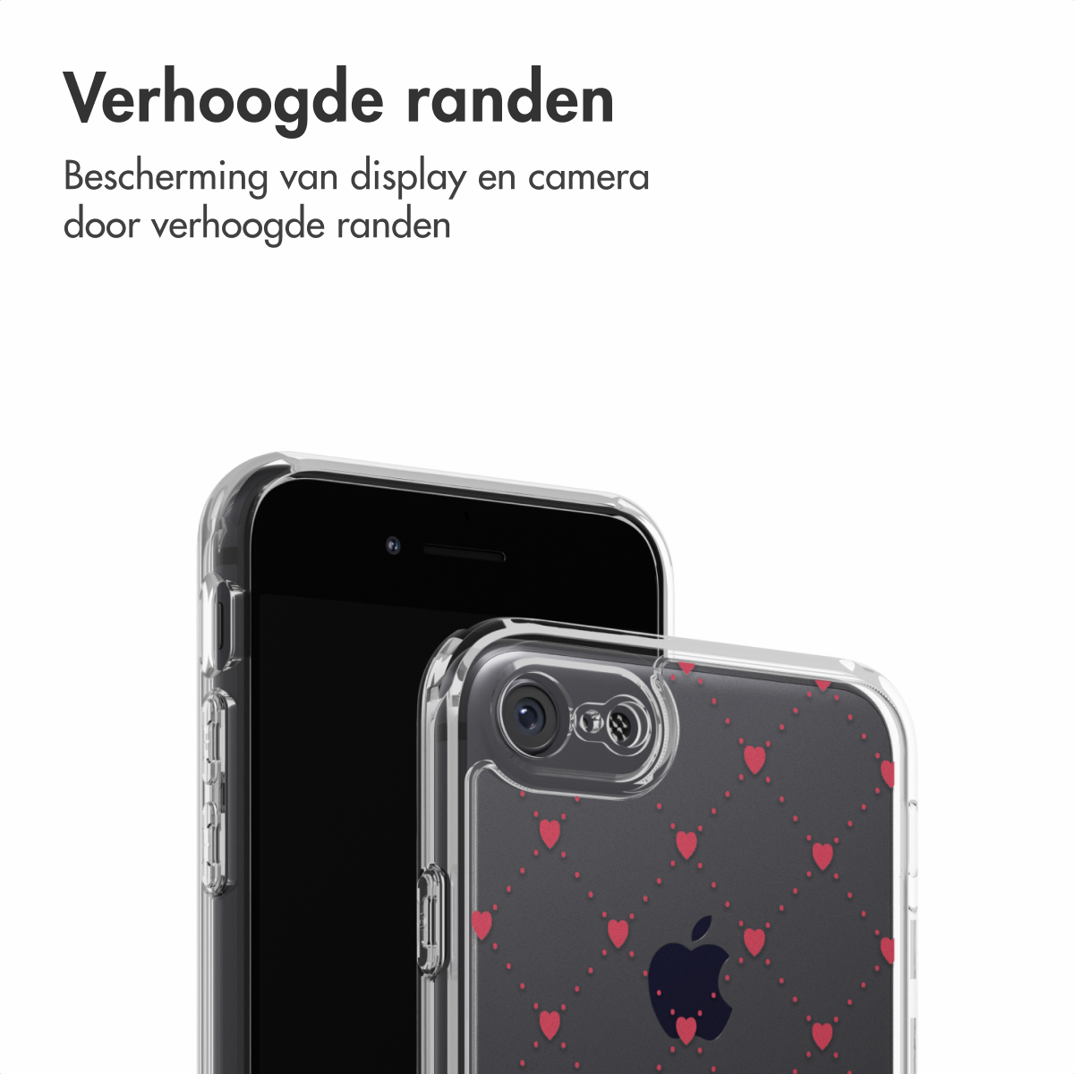 Een zwarte smartphone met een transparante hoes, bedekt met rode harten. De hoes ligt op een witte ondergrond. Tekst in het Nederlands bovenaan.