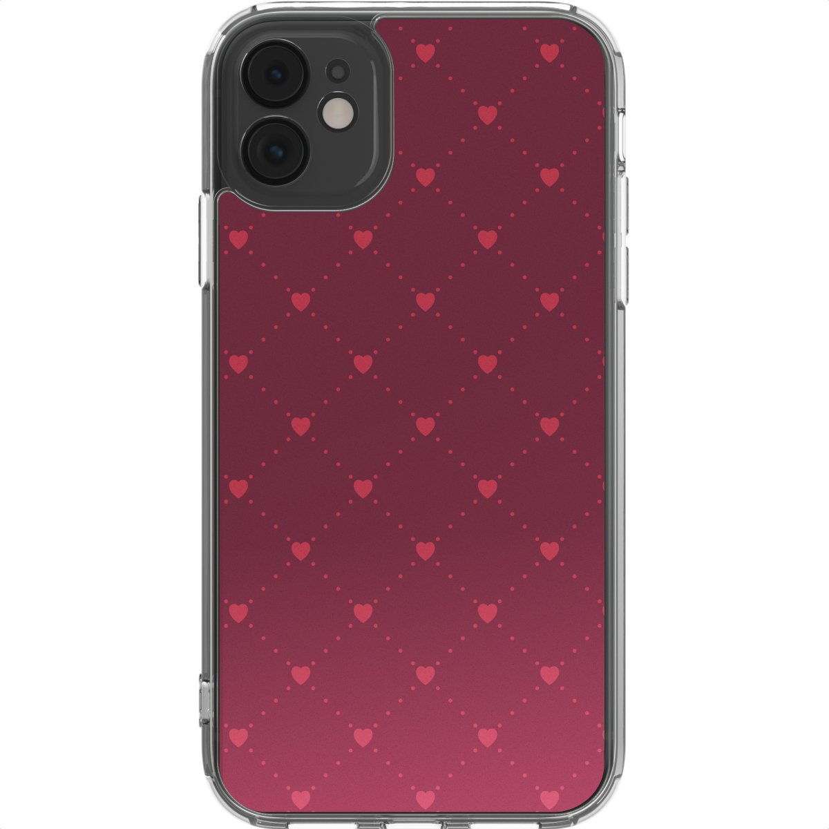 Coque de téléphone avec motif de cœurs rouges sur fond rouge dégradé. Le téléphone a un module caméra noir.
