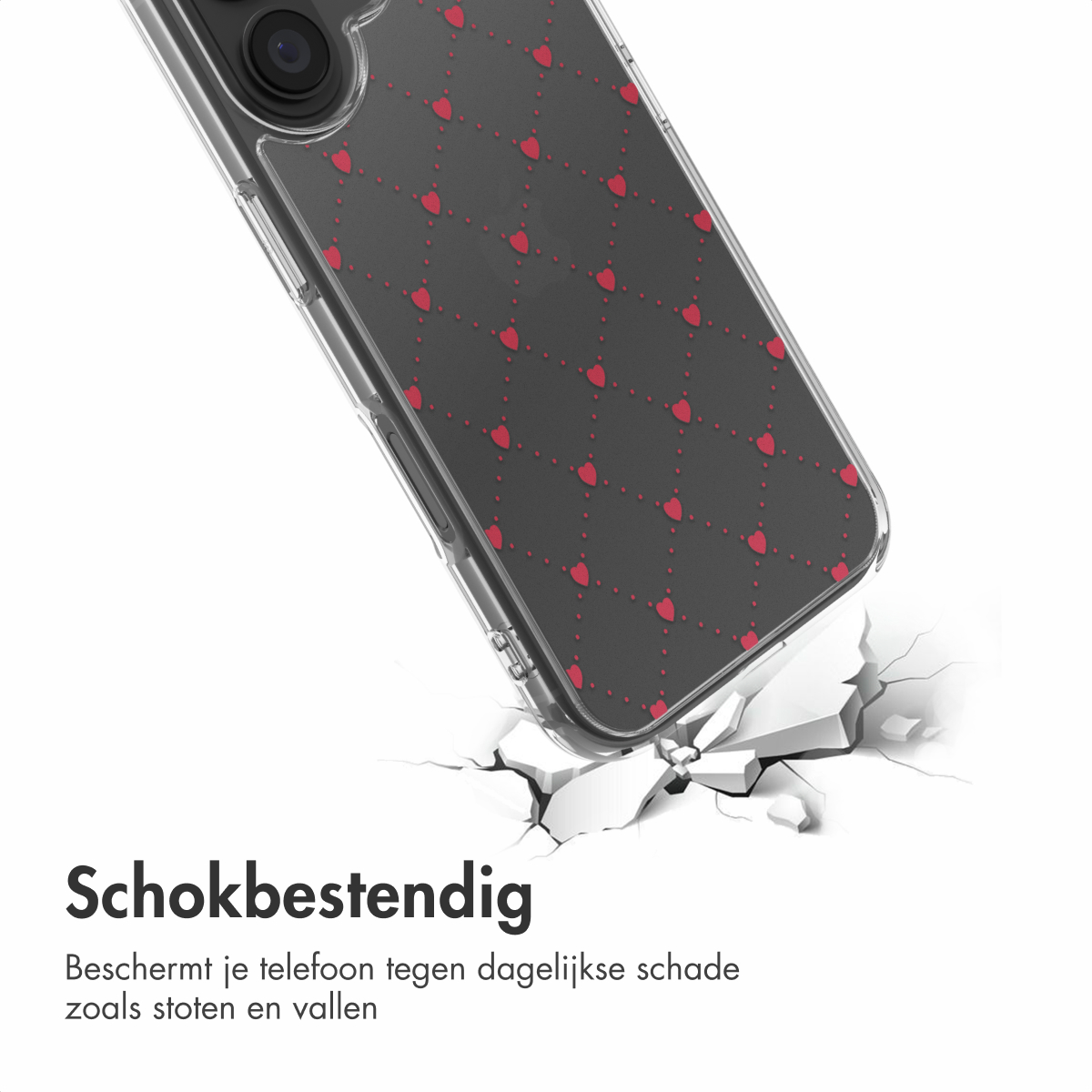 Eine Handyhülle mit rotem Herzmuster zerbricht eine weiße Oberfläche. Die Hülle ist durchsichtig, der Hintergrund ist weiß.