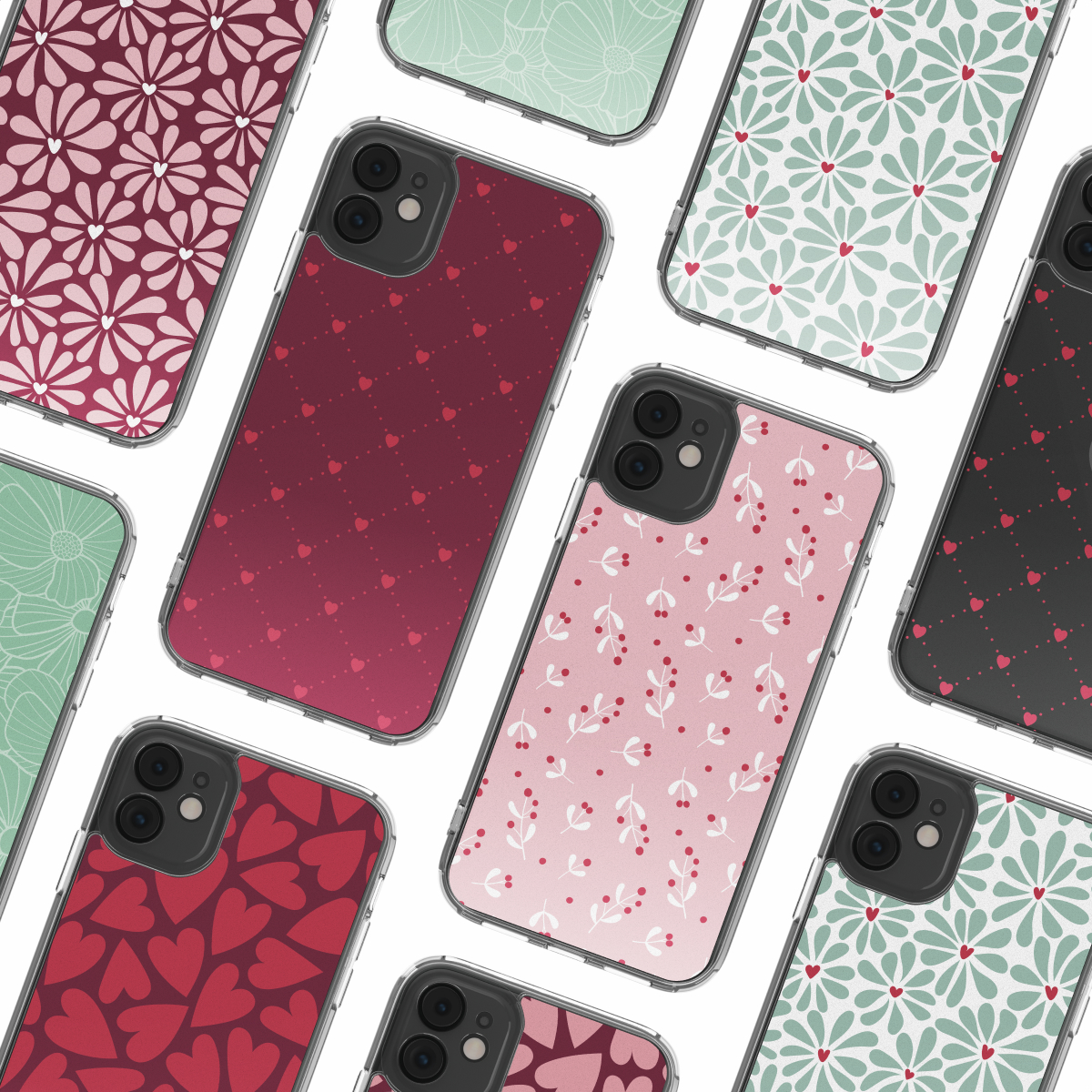 Collection d'étuis iPhone avec divers motifs : floral, cœurs, points et dégradés, en rose, rouge et vert.