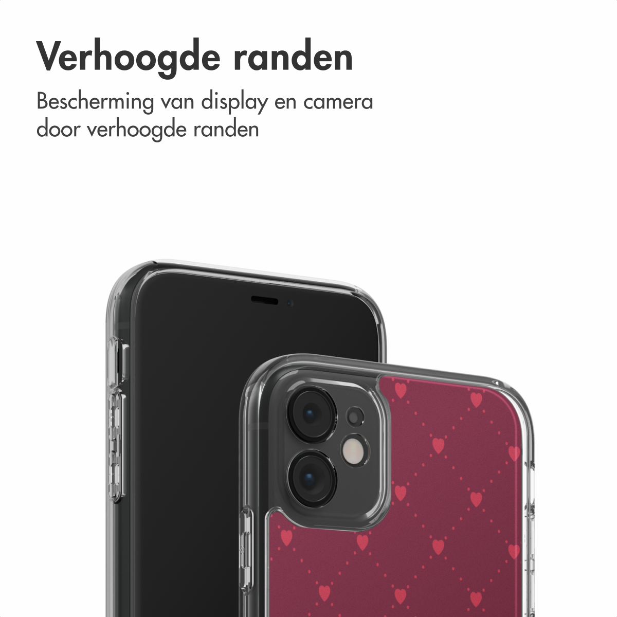 Deux smartphones avec des étuis transparents. L'un a un étui rouge à motifs de cœurs. L'autre est noir uni. Texte en haut : 'Bords surélevés'.