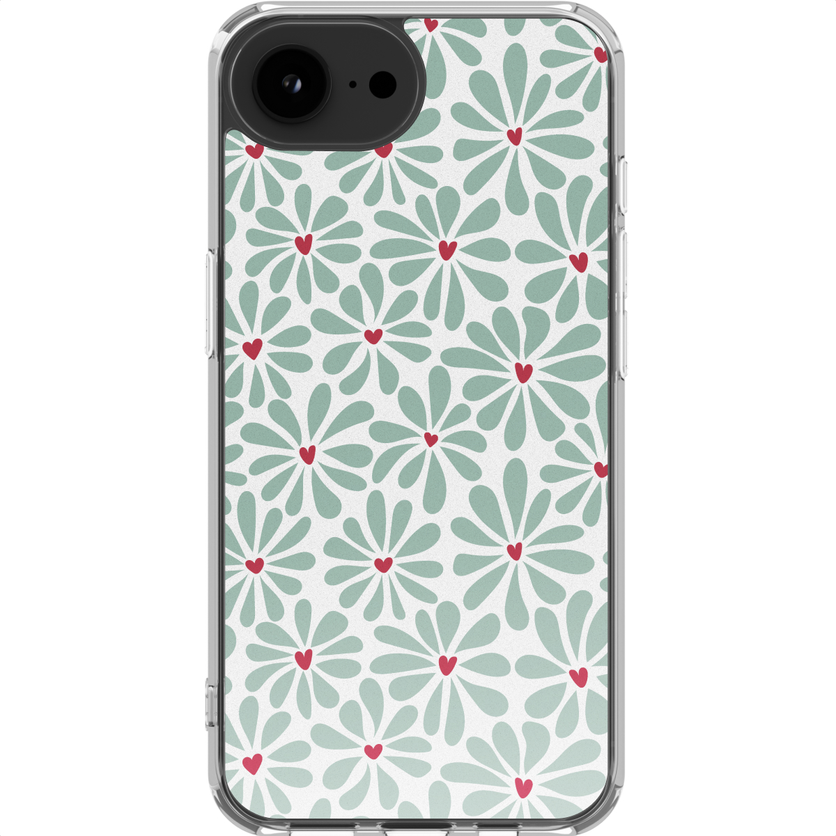 Une coque de téléphone avec un motif floral. Les fleurs sont vert clair avec des cœurs rouges sur fond blanc.