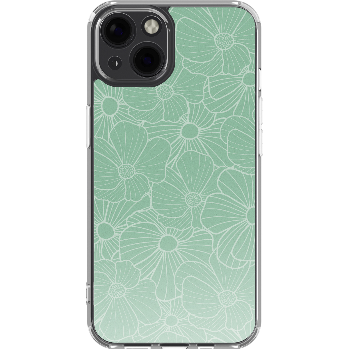 Une coque de smartphone avec un motif floral. La coque est transparente, le motif présente des fleurs blanches sur un fond vert clair.