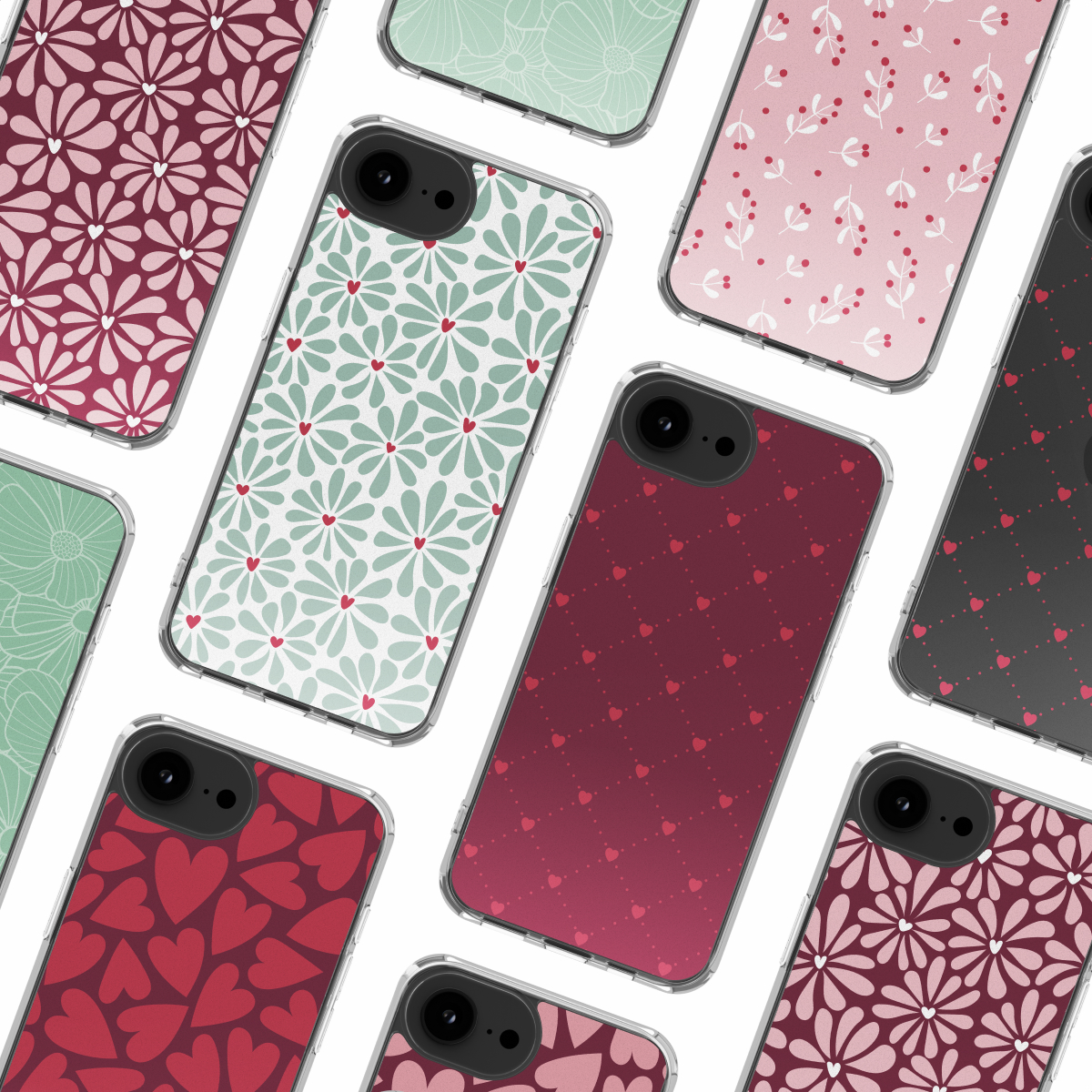 Collection d'étuis de téléphone avec des motifs floraux et en forme de cœur de différentes couleurs, dont rouge, rose et vert, sur fond blanc.