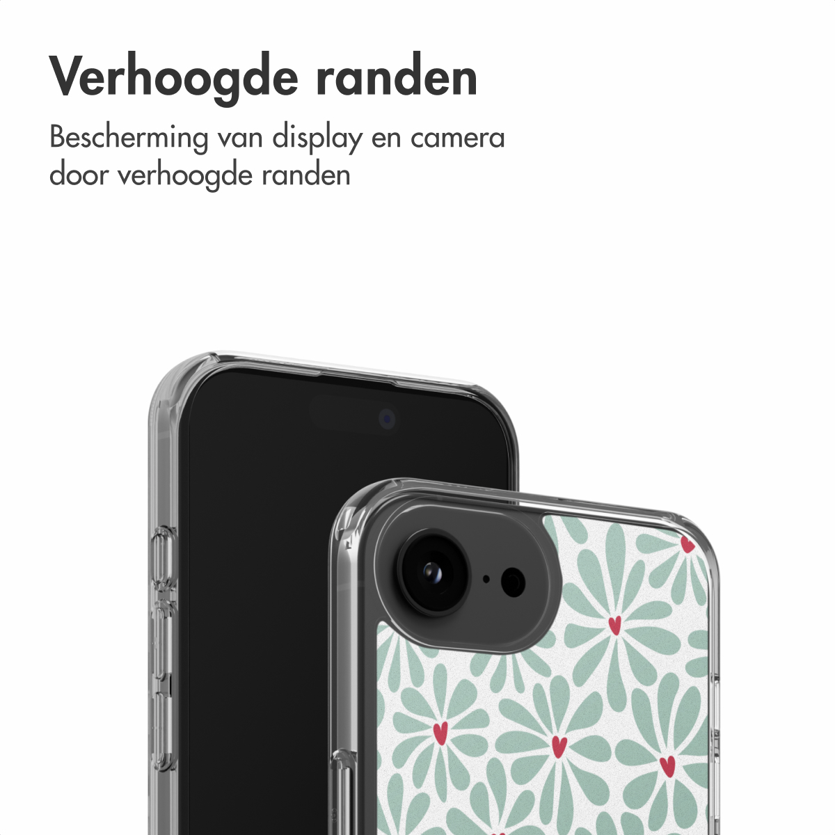 Deux téléphones avec des étuis de protection. L'un est noir uni, l'autre a un motif floral de feuilles sarcelle et de coeurs rouges sur fond blanc.