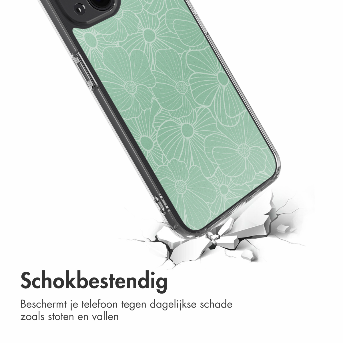 Coque de téléphone à motif floral, vert menthe et blanc, frappant et fissurant une surface blanche. Texte 'Schokbestendig' en dessous.