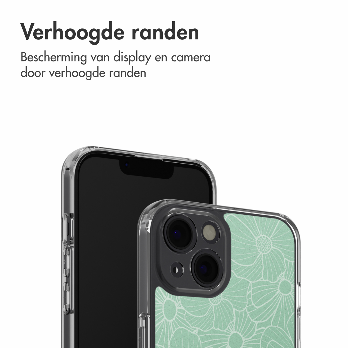 Deux smartphones avec des coques transparentes. L'un a un écran noir et l'autre un motif floral vert menthe.
