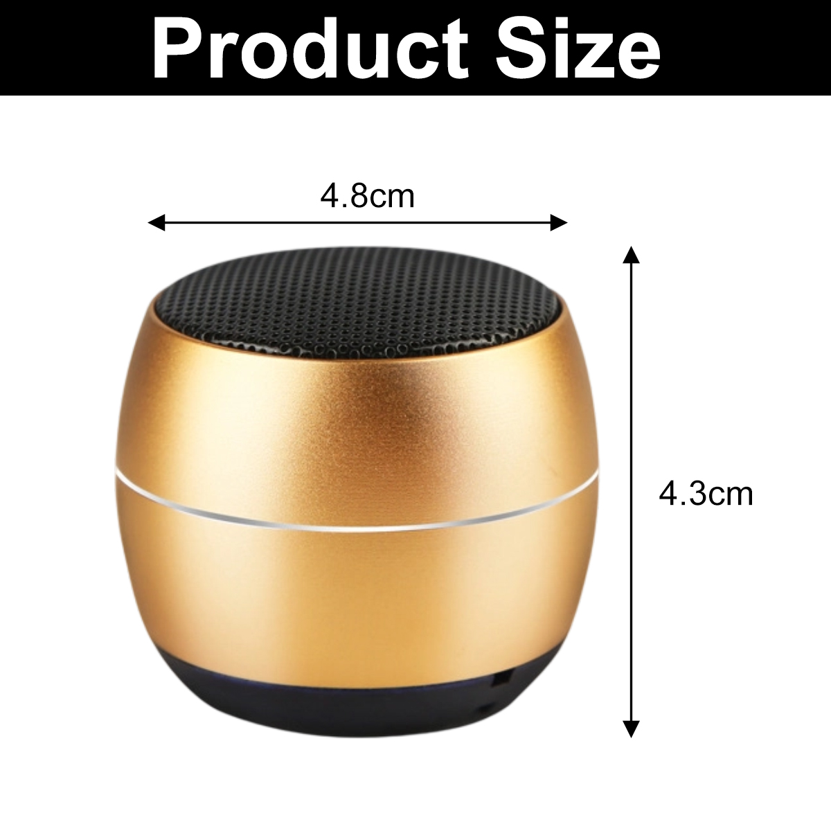 Ein gold-schwarzer Lautsprecher mit angegebenen Abmessungen. Er ist 4,8 cm breit und 4,3 cm hoch. Das obere Gitter ist schwarz.